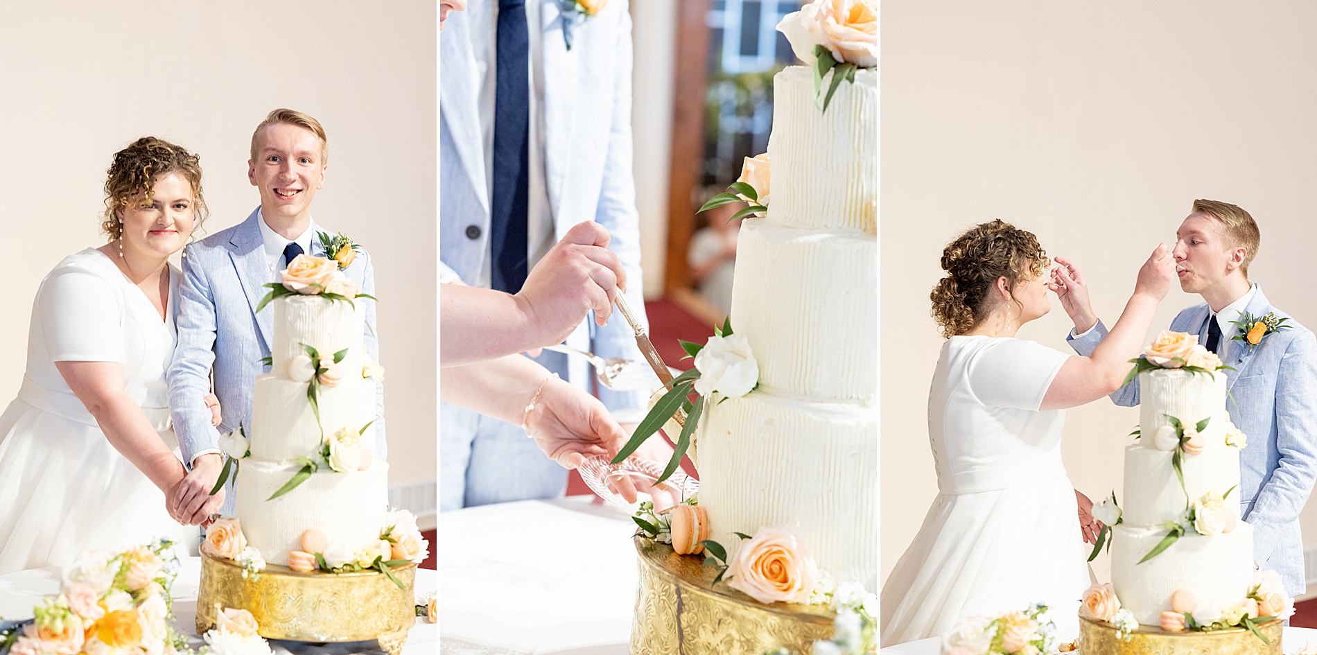 newlyweds eat their wedding cake