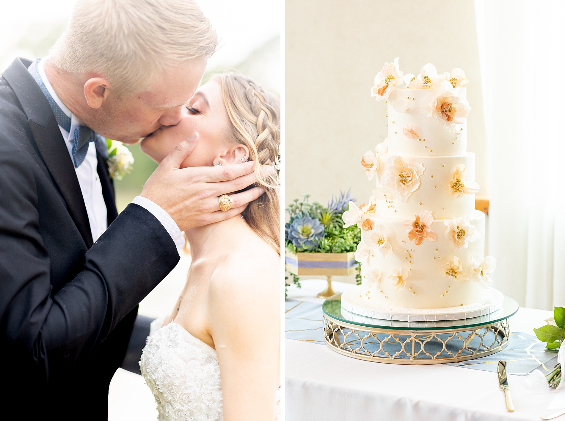 bride and groom kiss and custom wedding cake