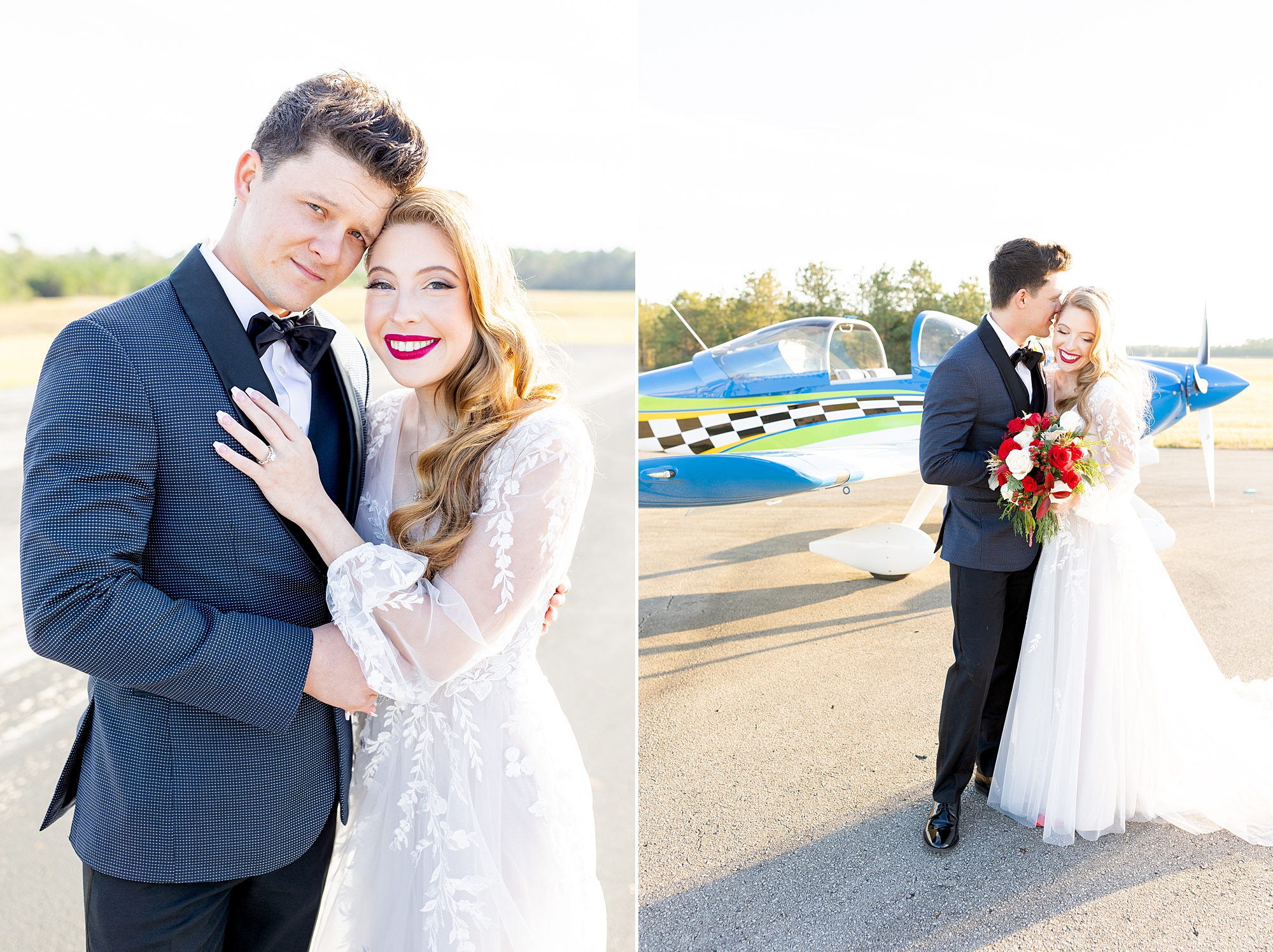 wedding portraits by groom's airplane