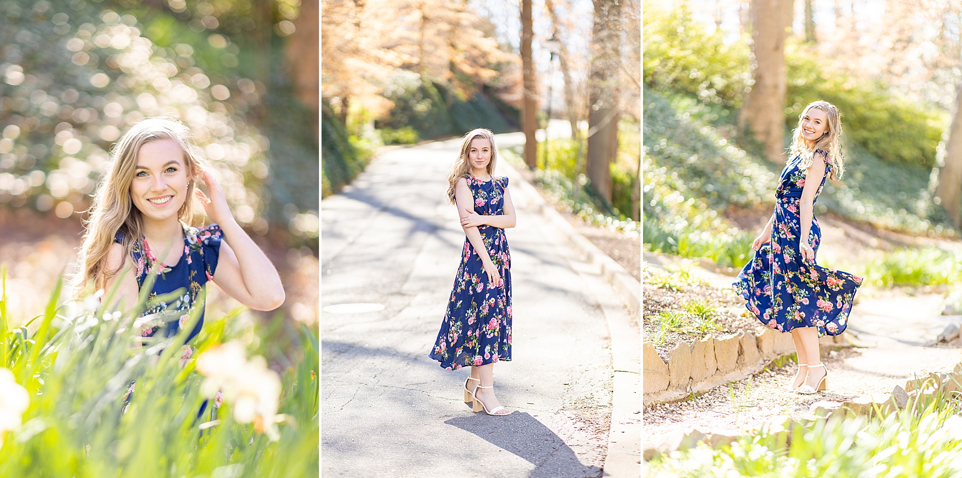 Senior in navy blue dress during light and airy senior session