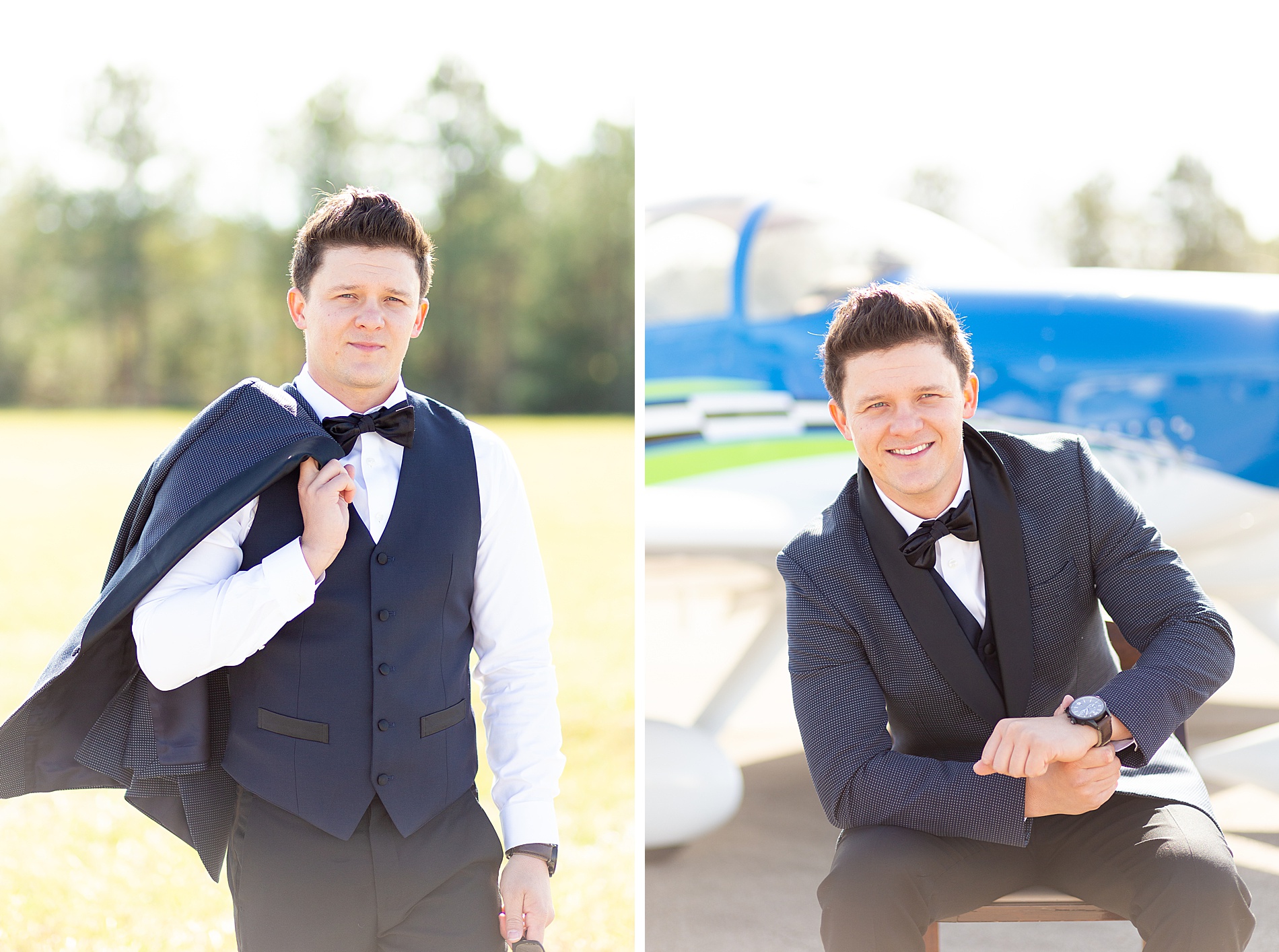 groom portraits by airplane