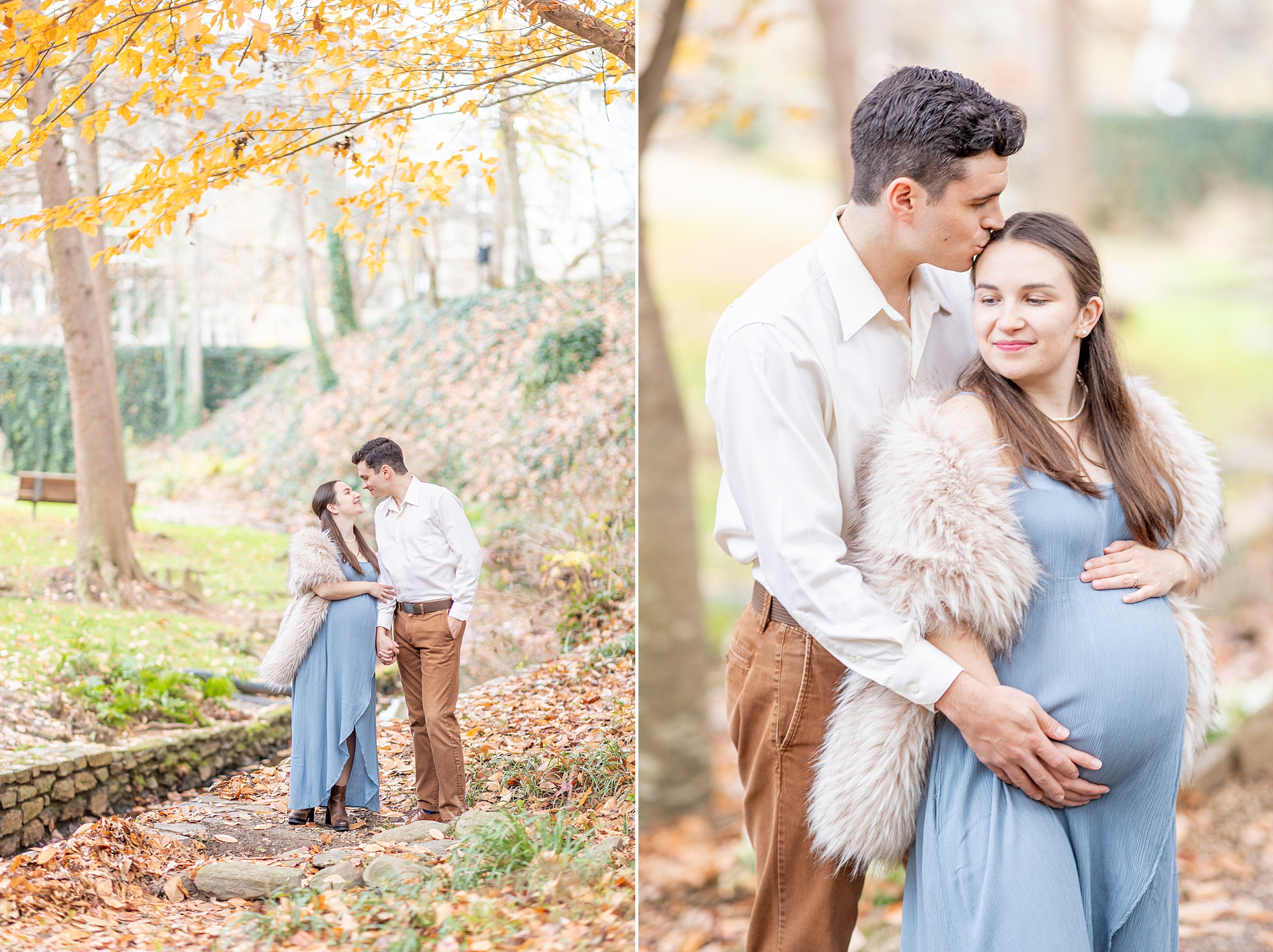 fall portraits of expectant parents in Downtown Greenville, SC
