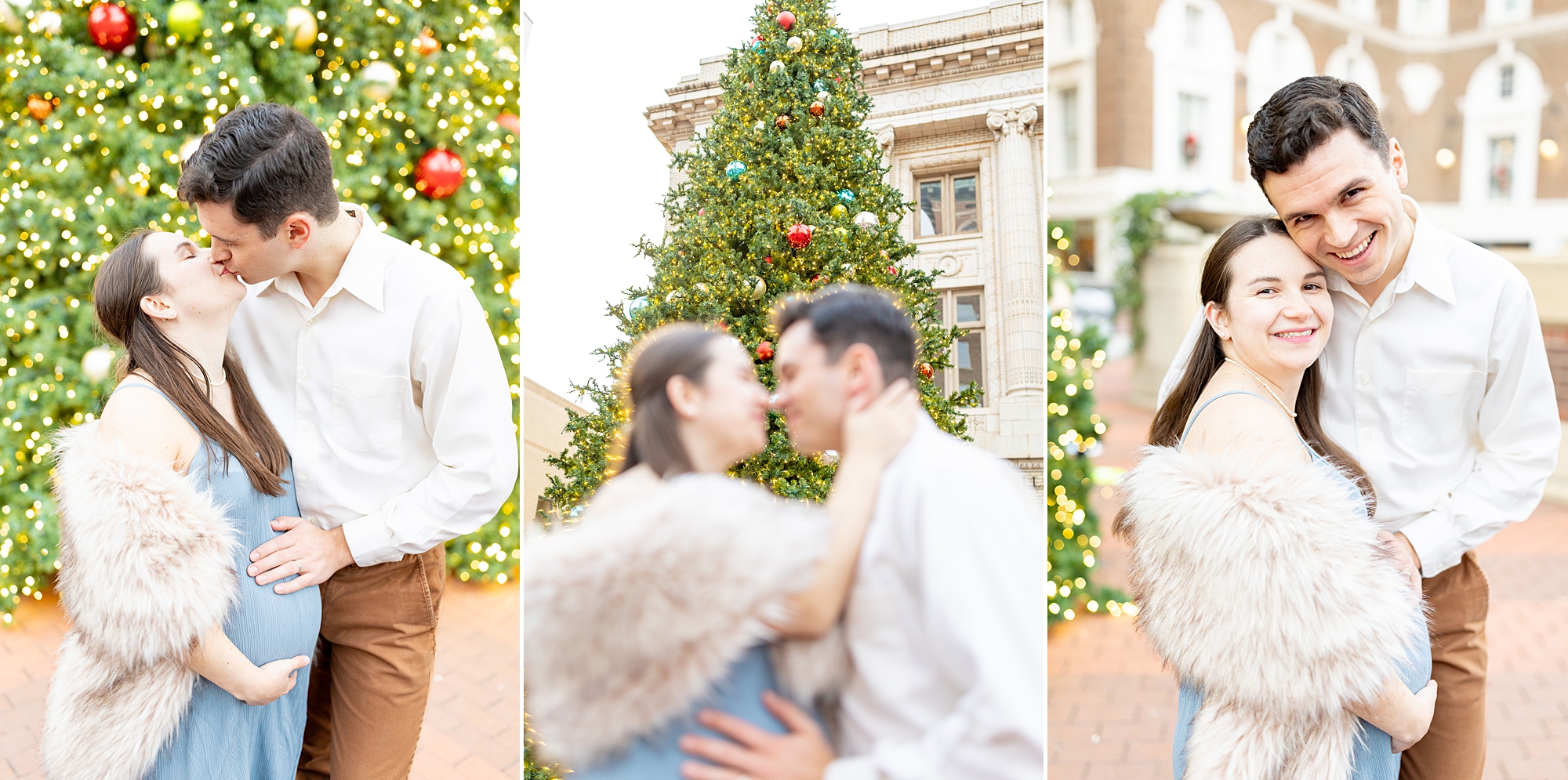 couple kiss by Christmas tree in Downtown Greenville  