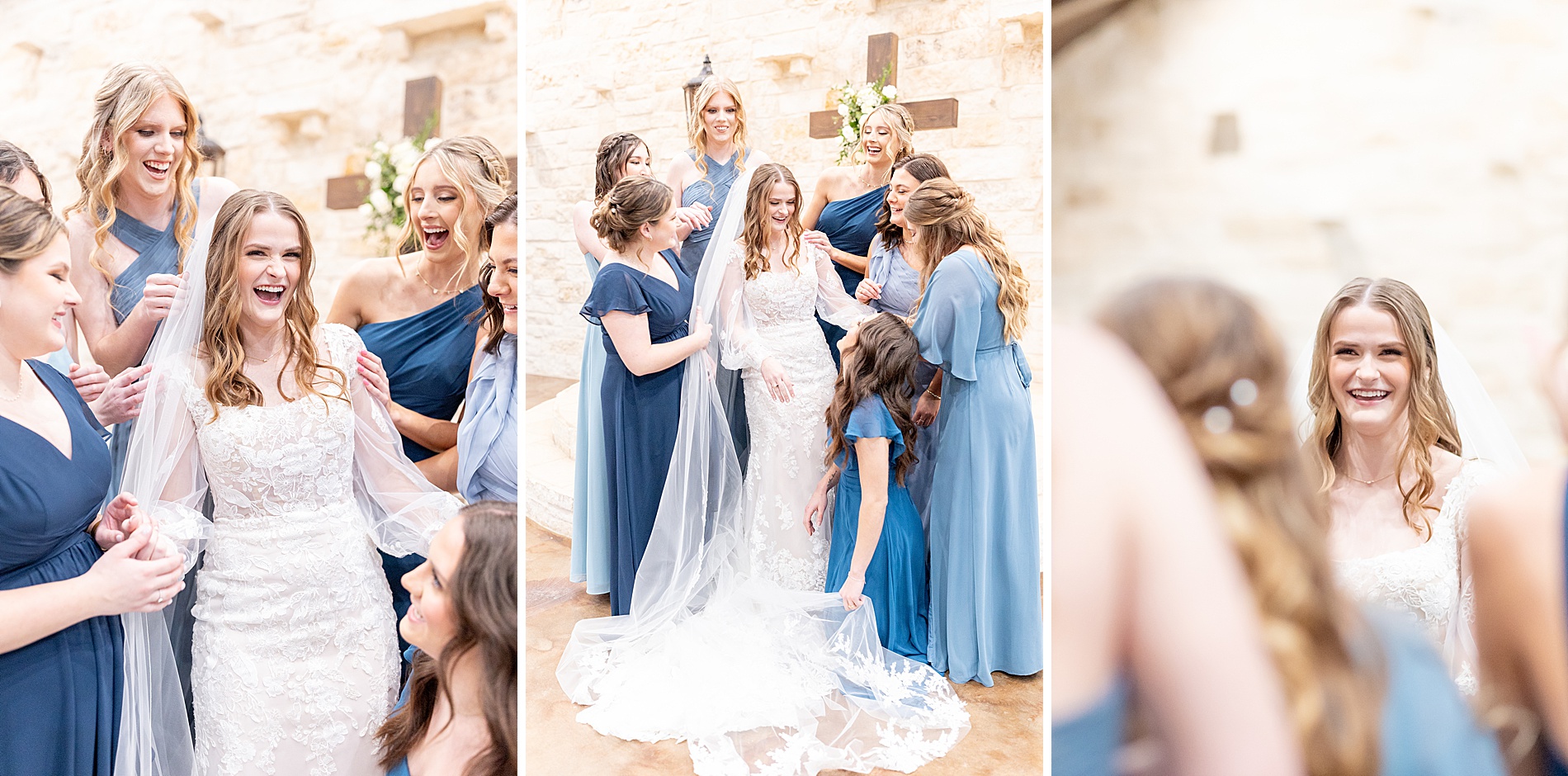 bride with bridesmaids in blue dresses