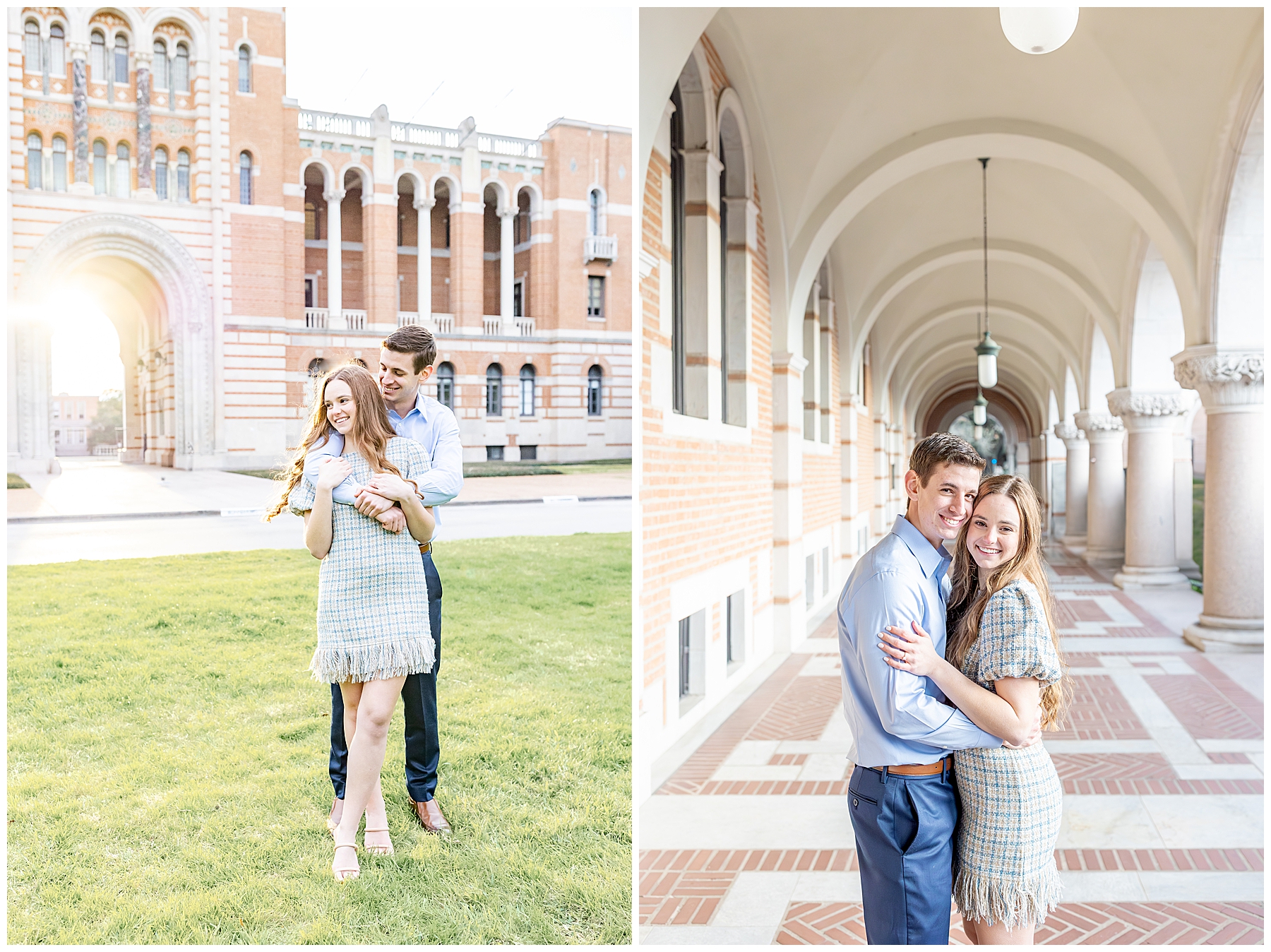 engagement portraits in front of building at Rice University