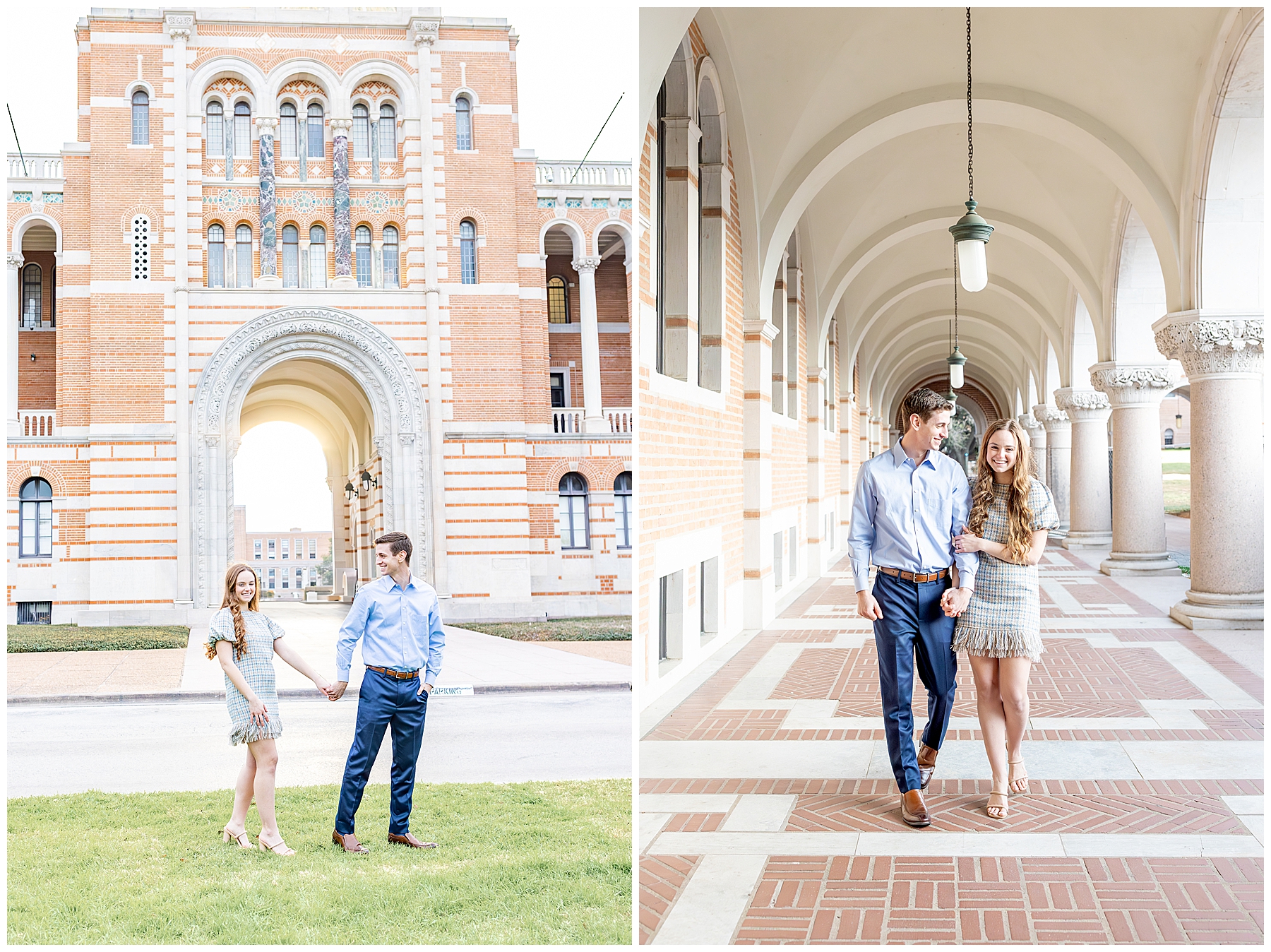 couple walk Rice university campus during engagement session