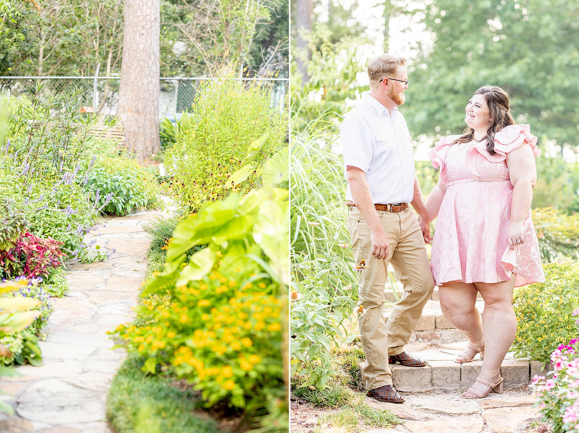 engaged couple walk along path in garden