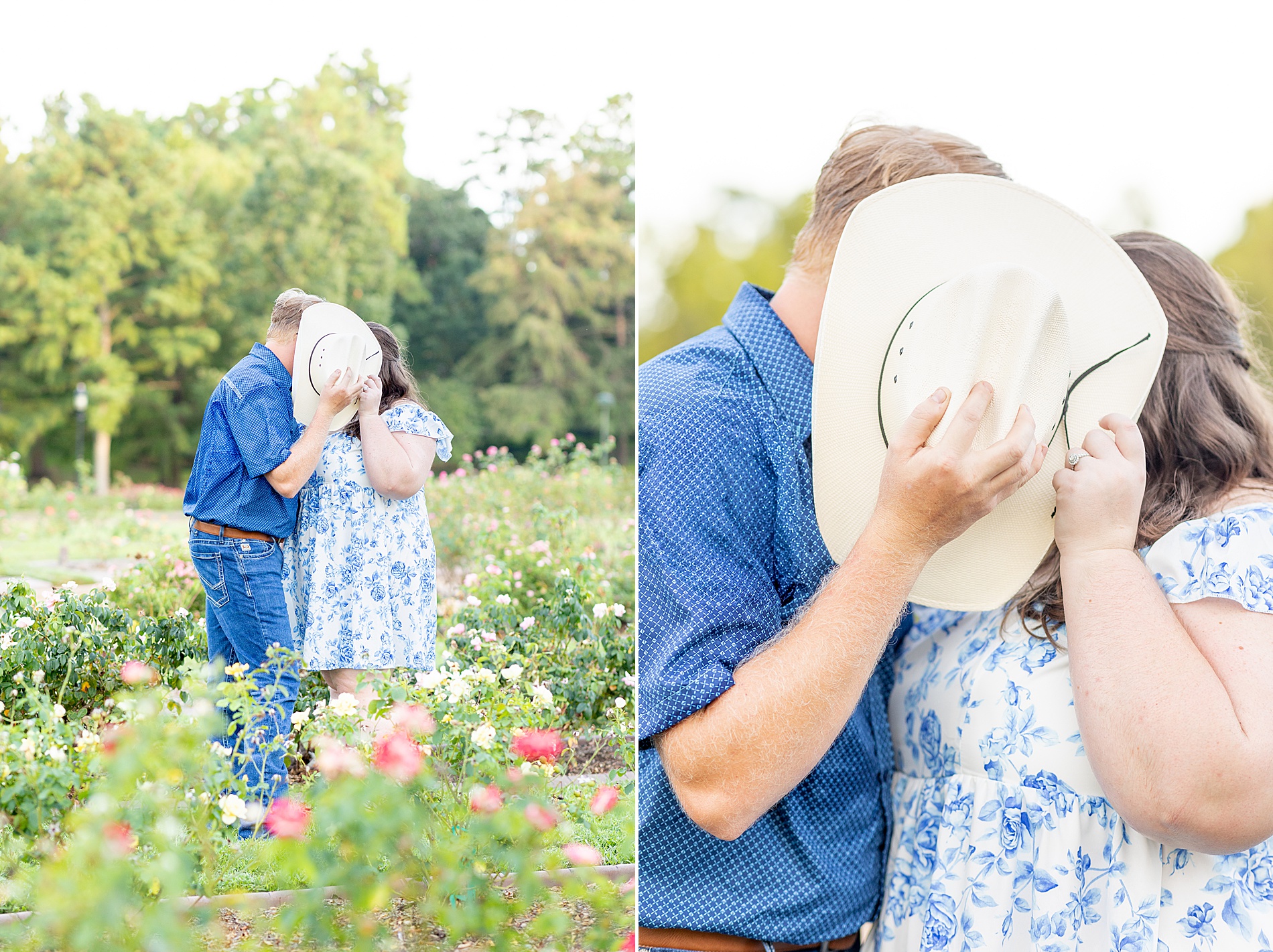 couple kiss behind cowboy hat