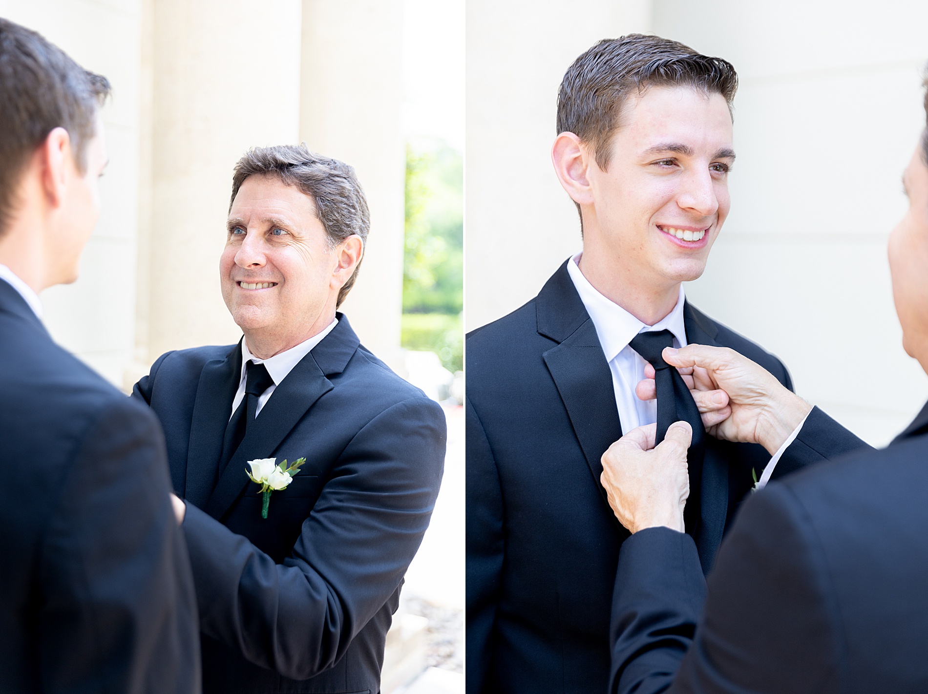 groom gets help with tie while getting ready