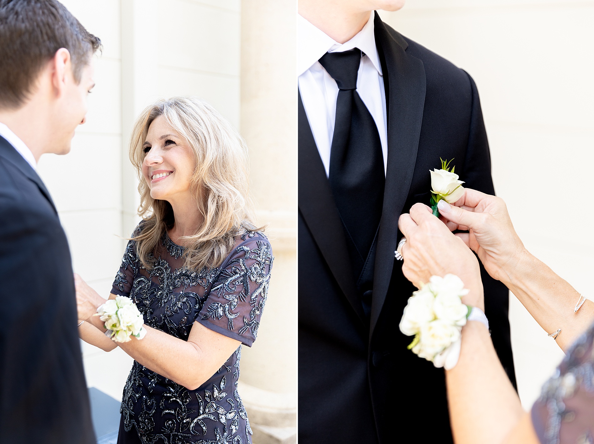 groom's mom helps with boutonniere 