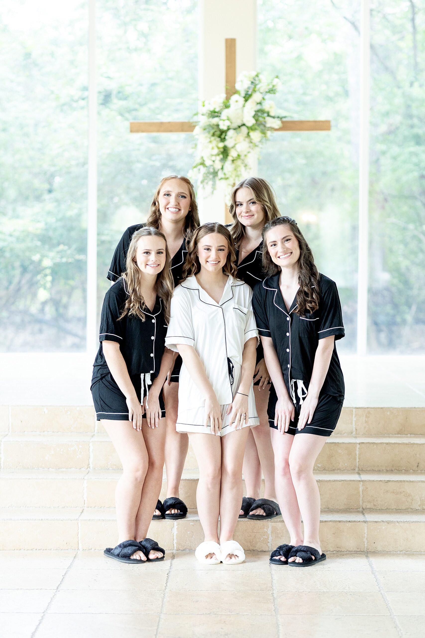 bride with bridesmaids before getting ready