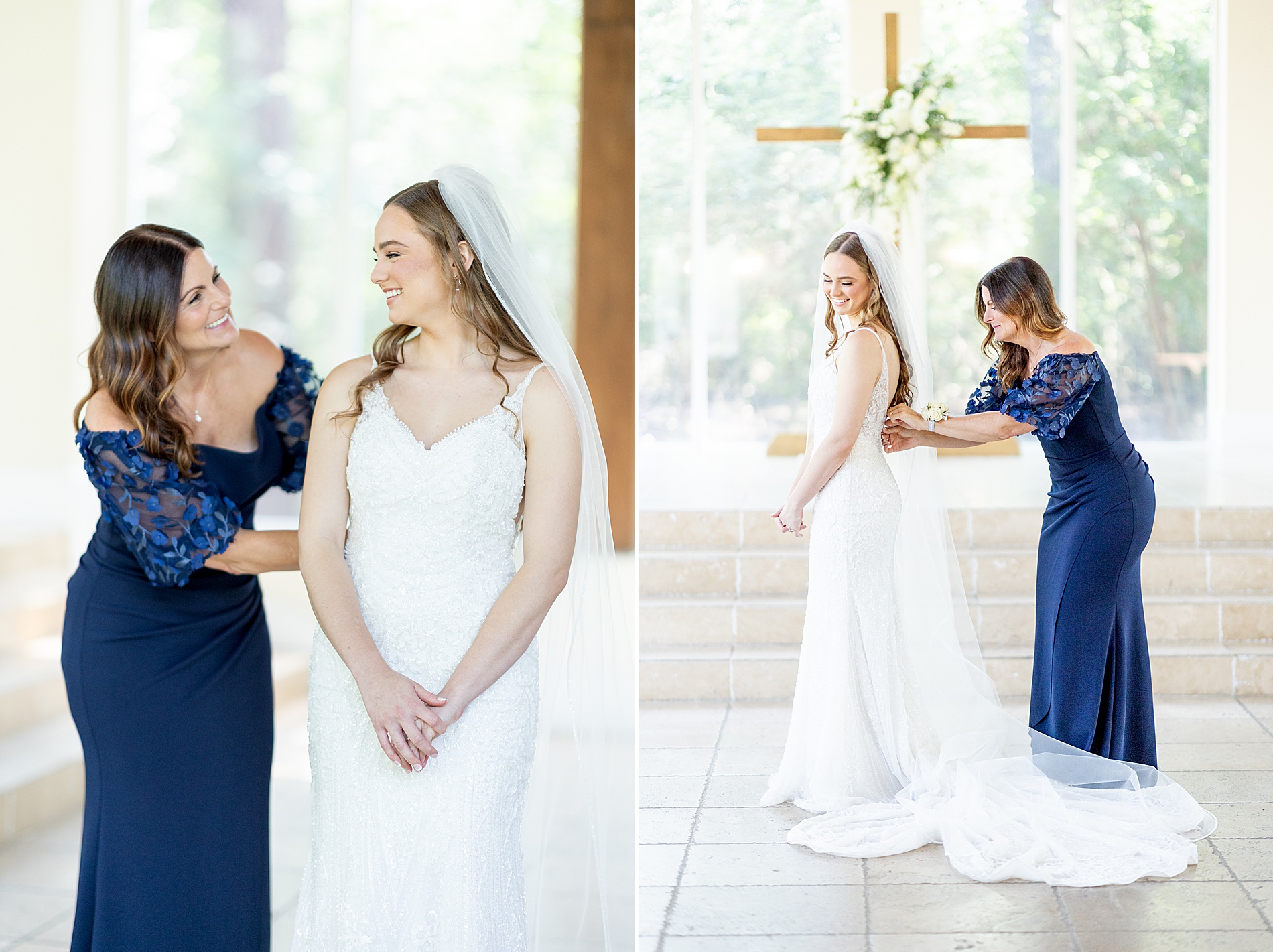 mother helps bride into wedding dress