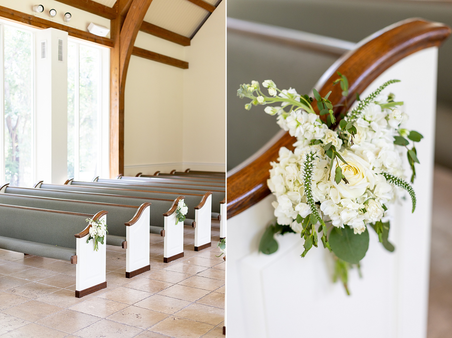 white flowers decorate pews inside chapel 