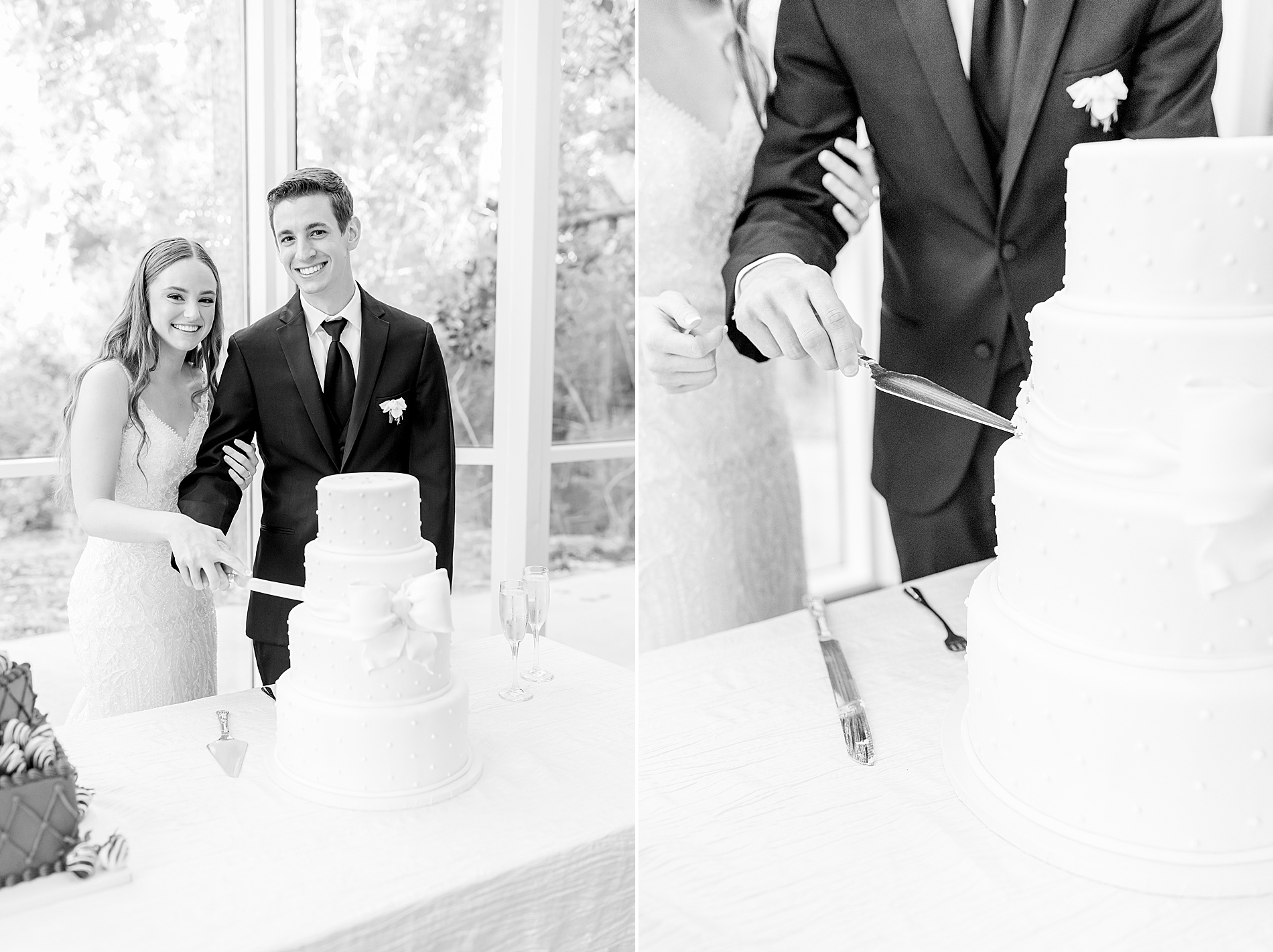 bride and groom cut wedding cake