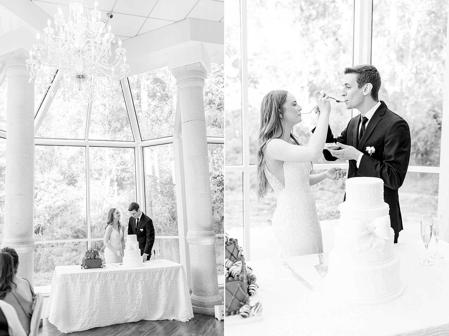 bride and groom eat wedding cake during Classic Black and White Wedding at Ashton Gardens