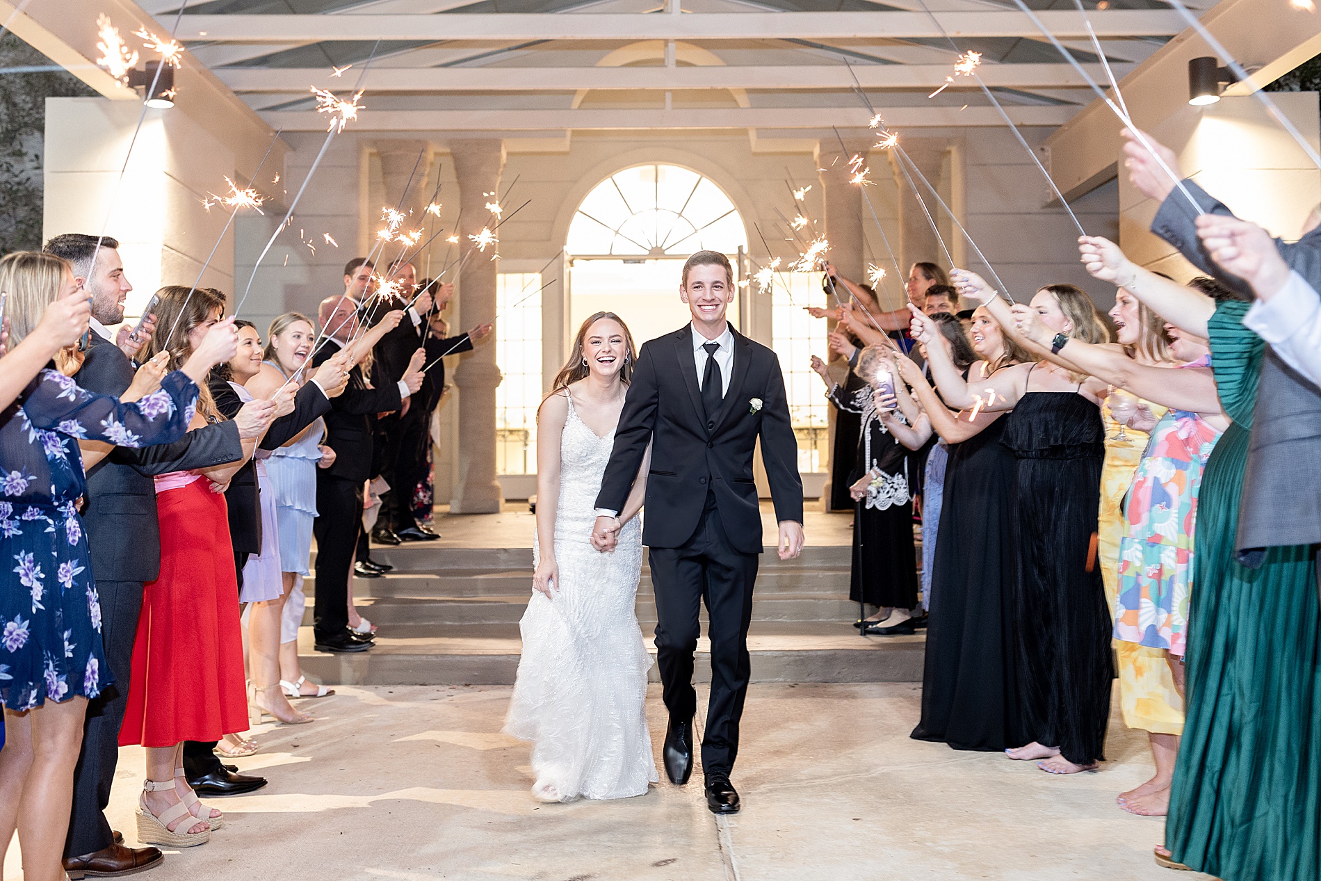 sparkler send off after Classic Black and White Wedding at Ashton Gardens