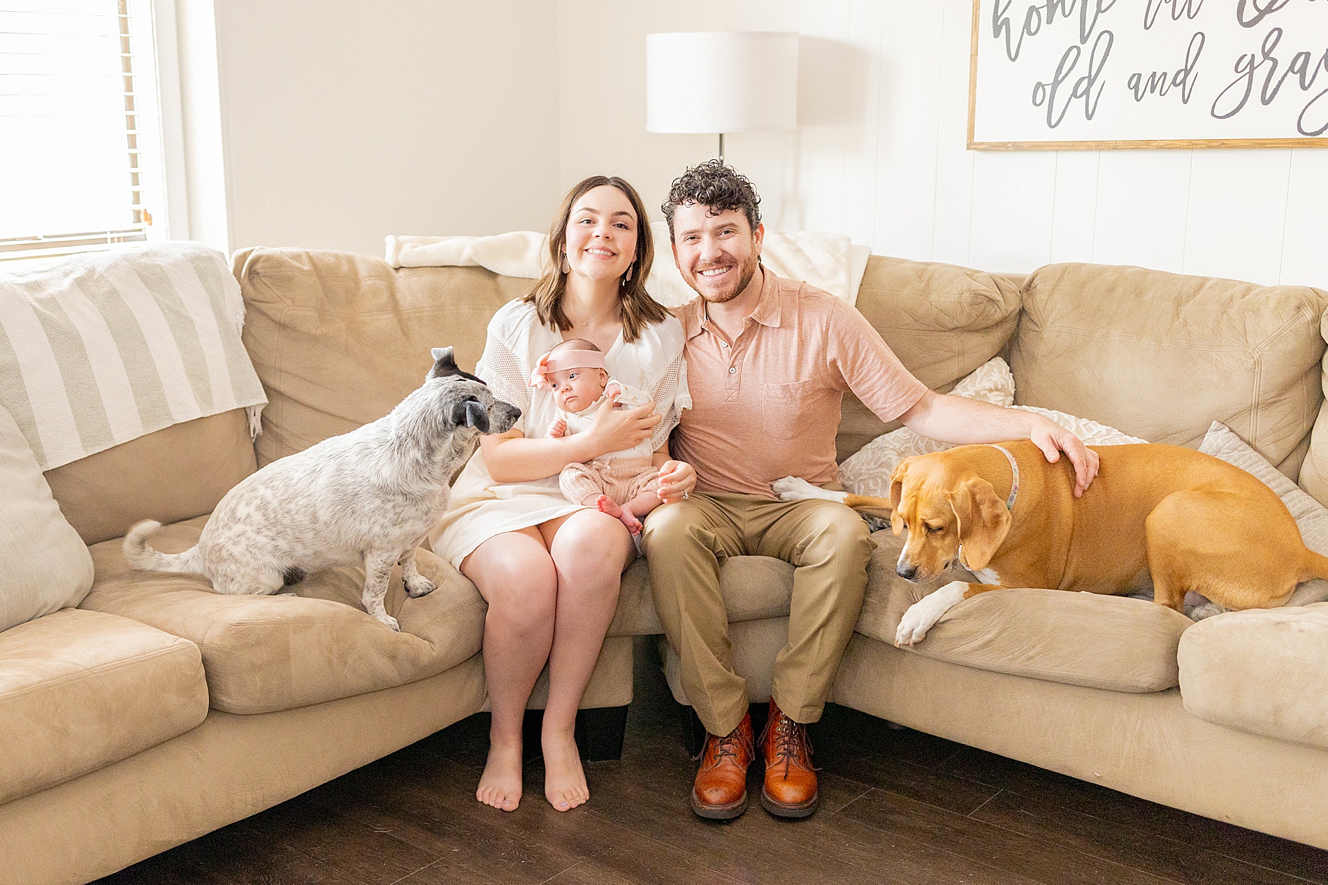 parents sit on couch with newborn girl and family dogs