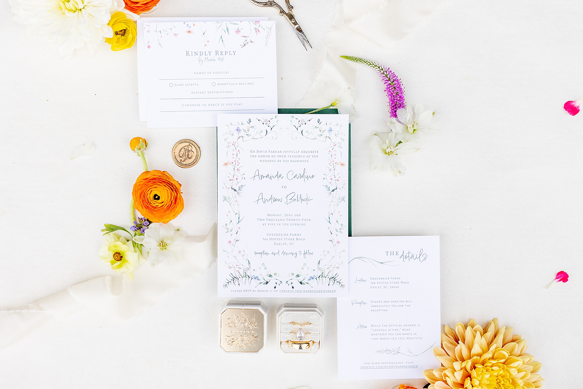 wedding invitation suite from Ethereal Wedding in Asheville at The Never Ending Flower Farm