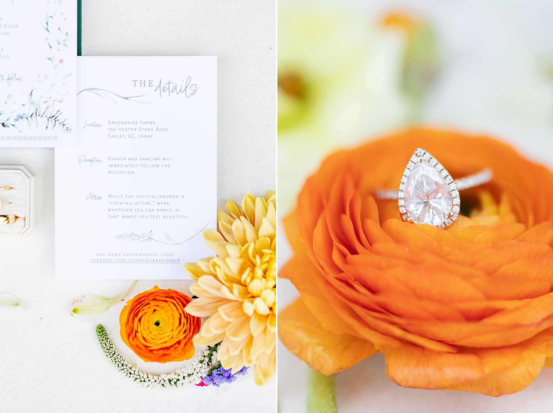 wedding ring on orange flower with wedding invitaitons