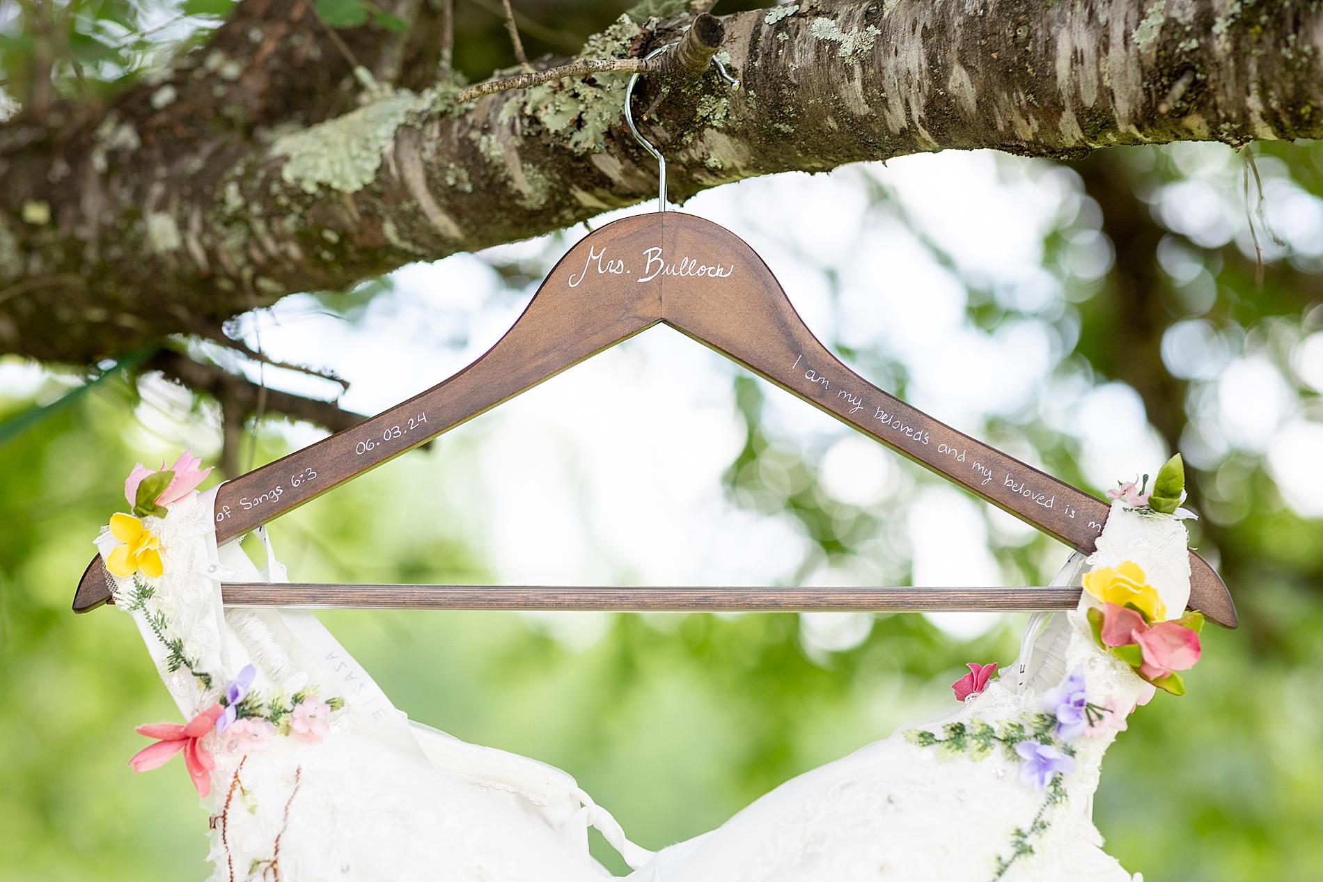 wedding dress on personalized hanger 