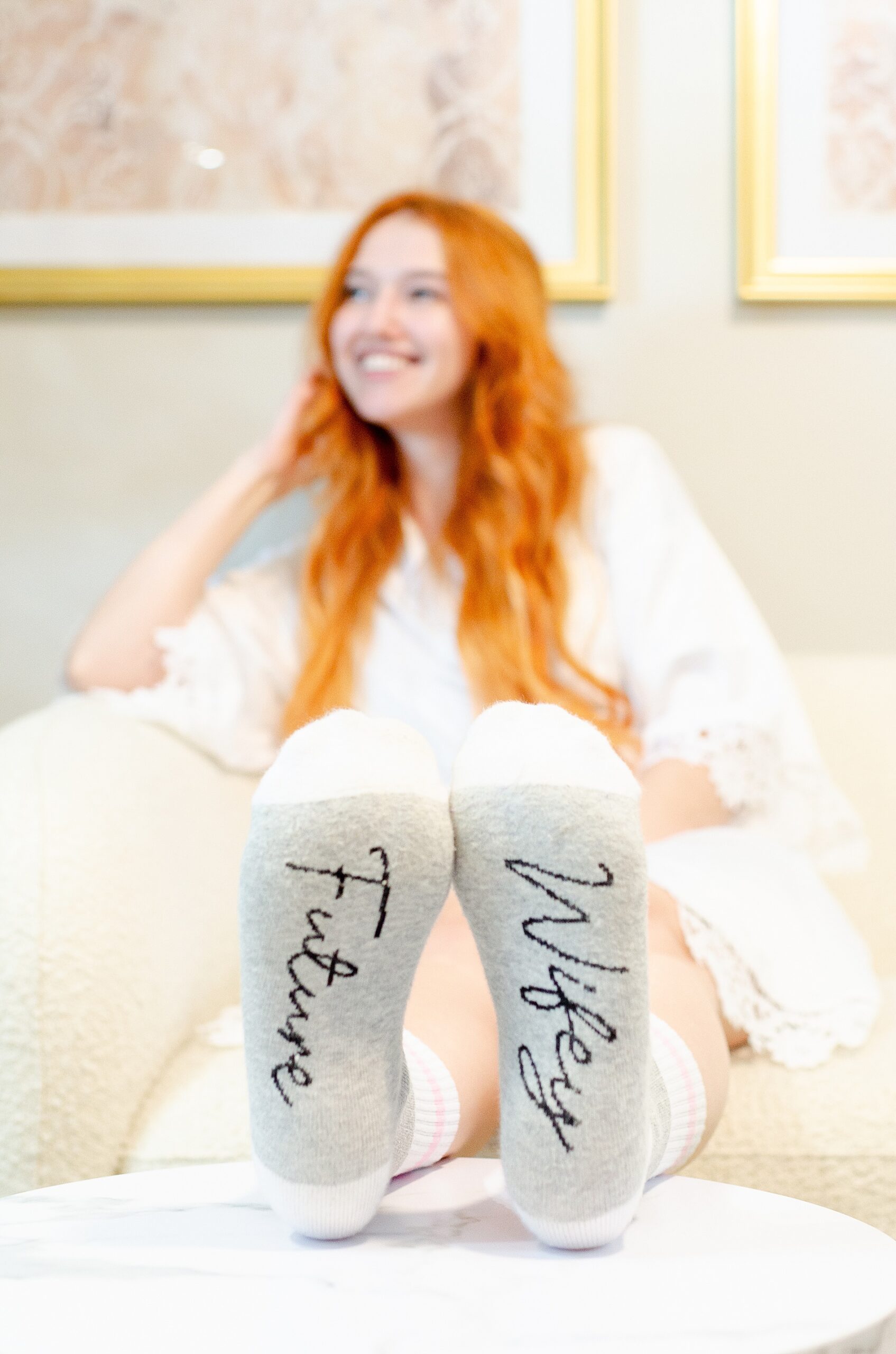 bride with custom bridal socks