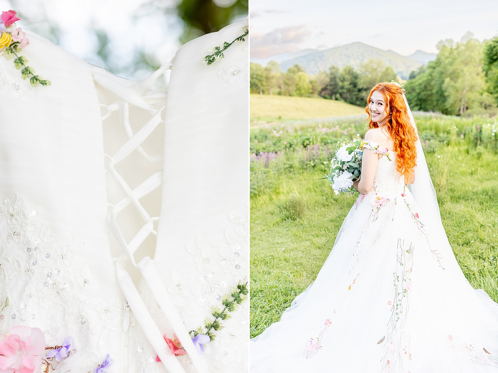 wedding dress details with flower stitching