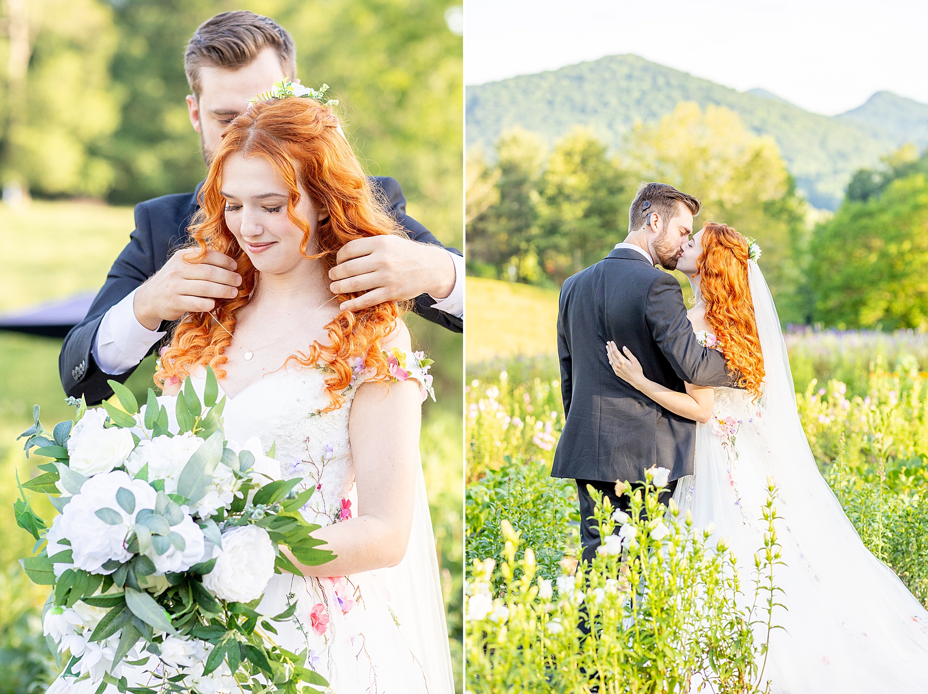 groom helps bride with necklace