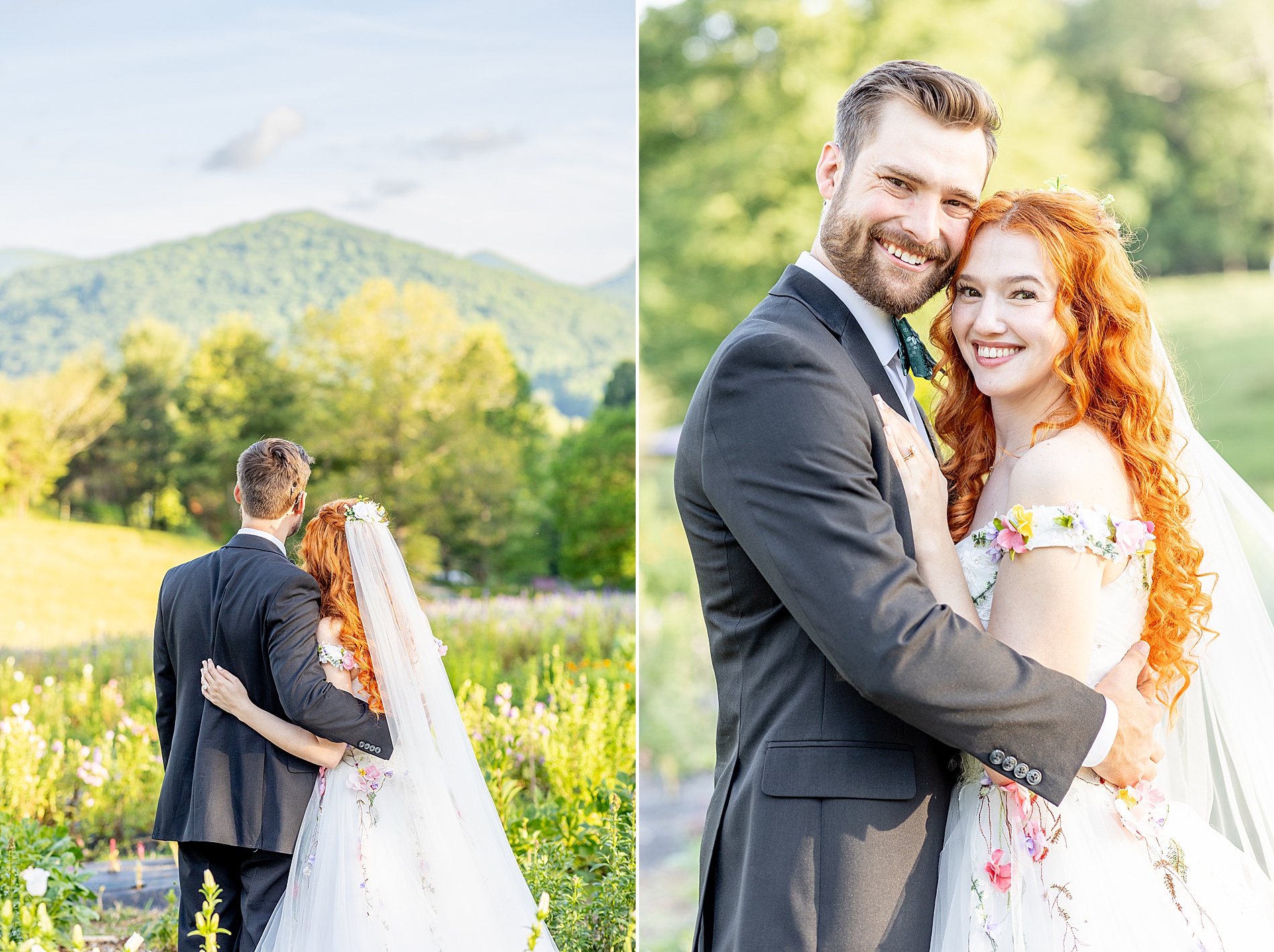 bride and groom look at the Asheville mountains at The Never Ending Flower Farm