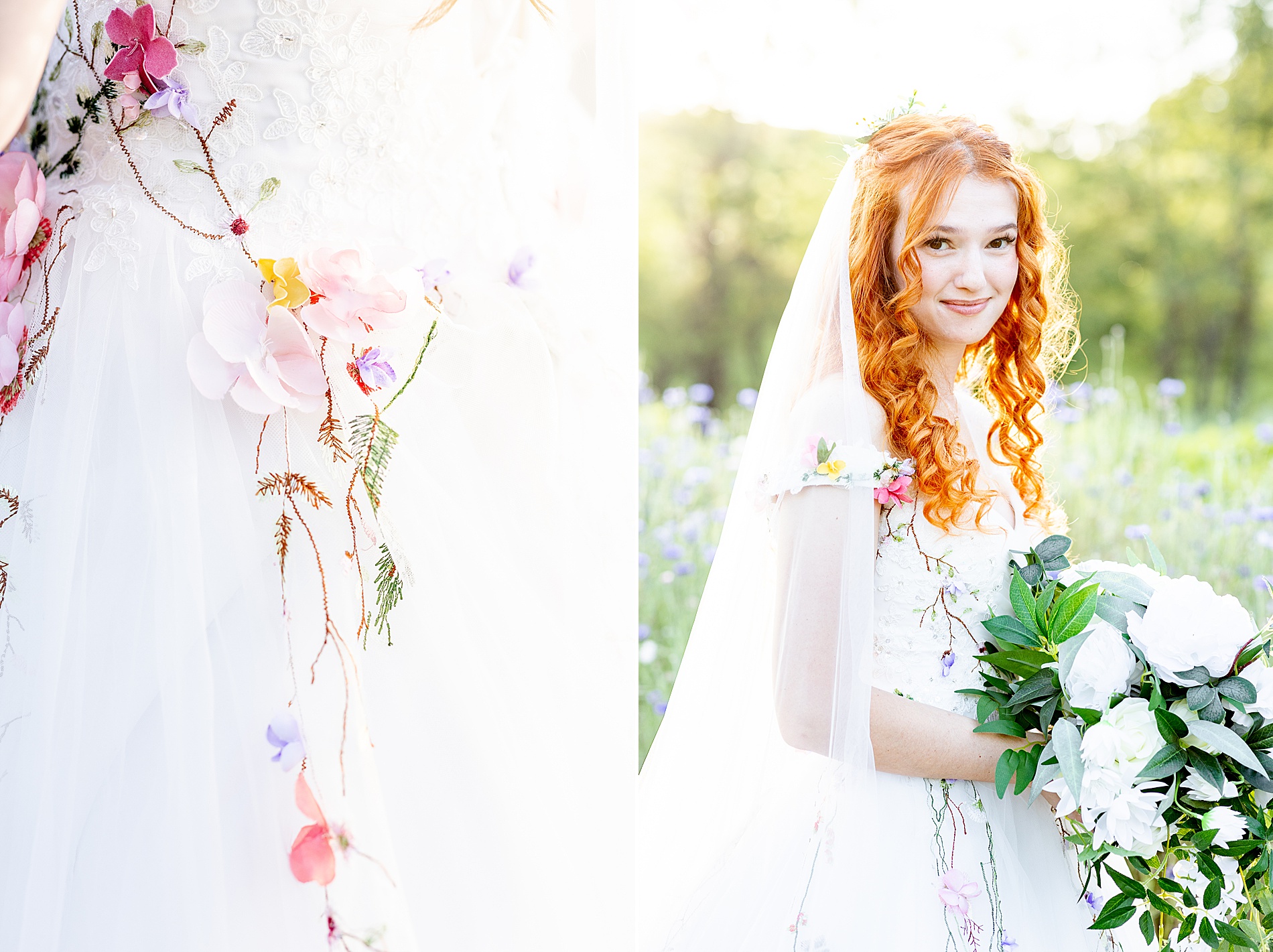 colorful flower stitching detail on wedding dress