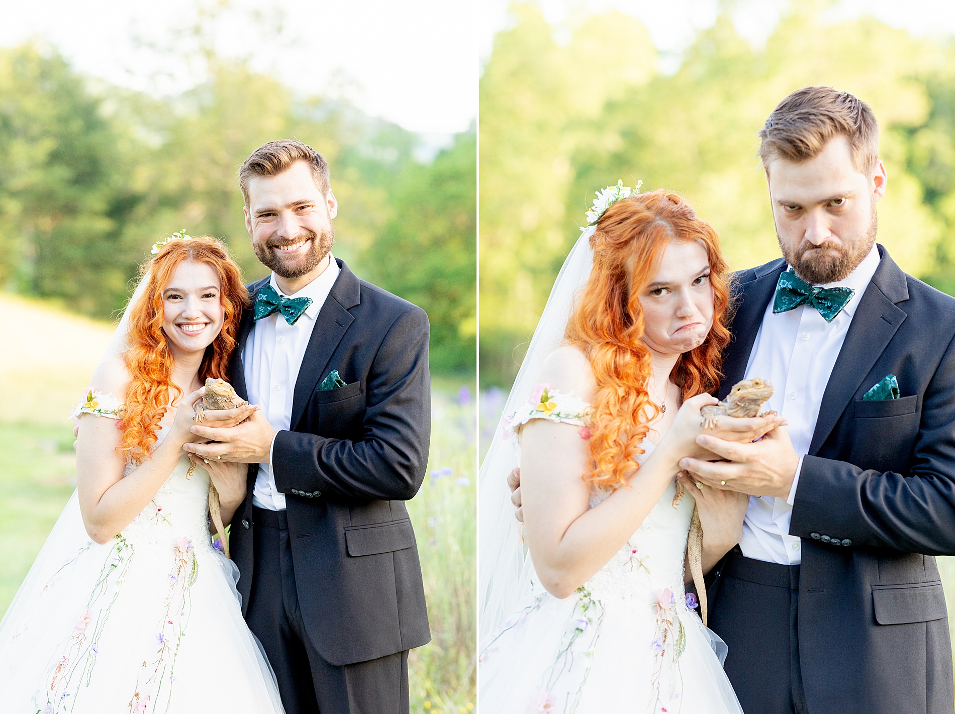 candid bride and groom photos with their bearded dragon