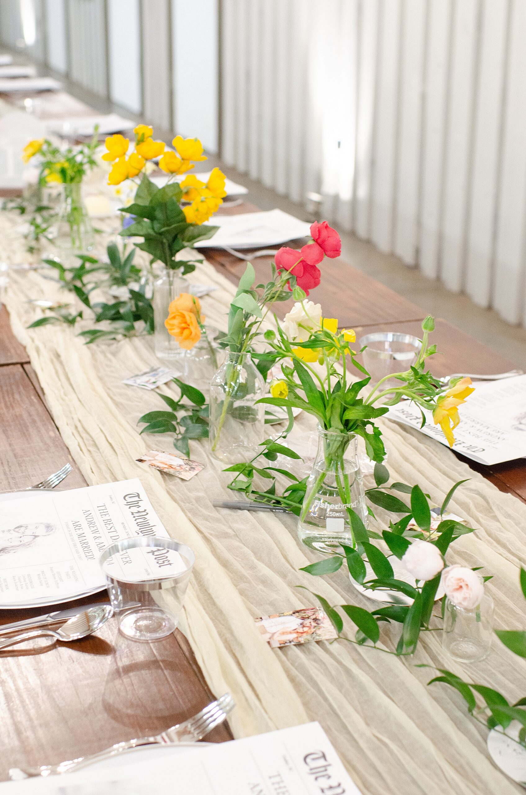 colorful flowers at wedding reception 