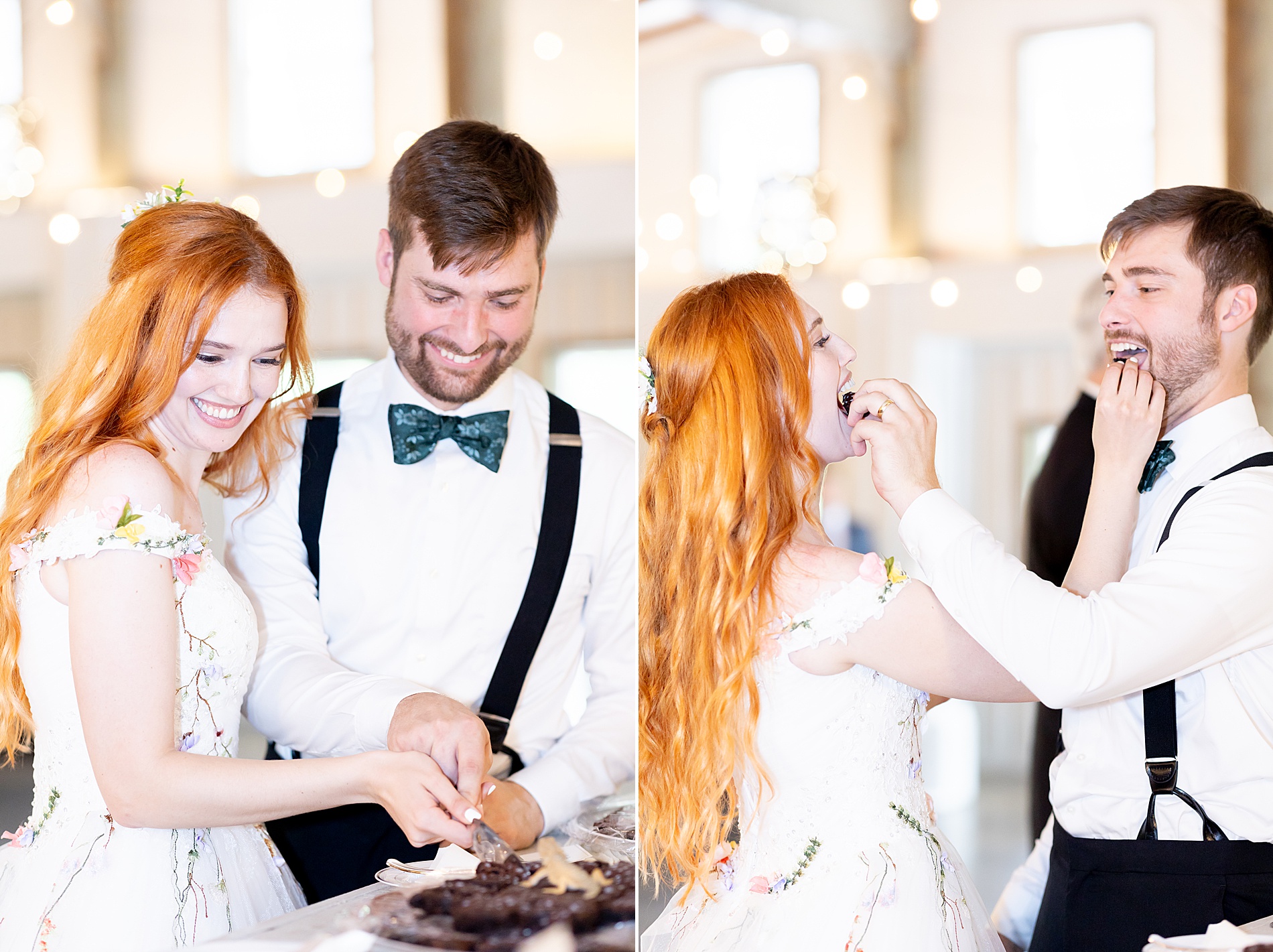 bride and groom cut cake 