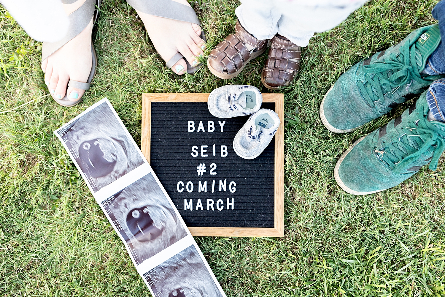 baby number 2 sign with ultrasound photo and shoes