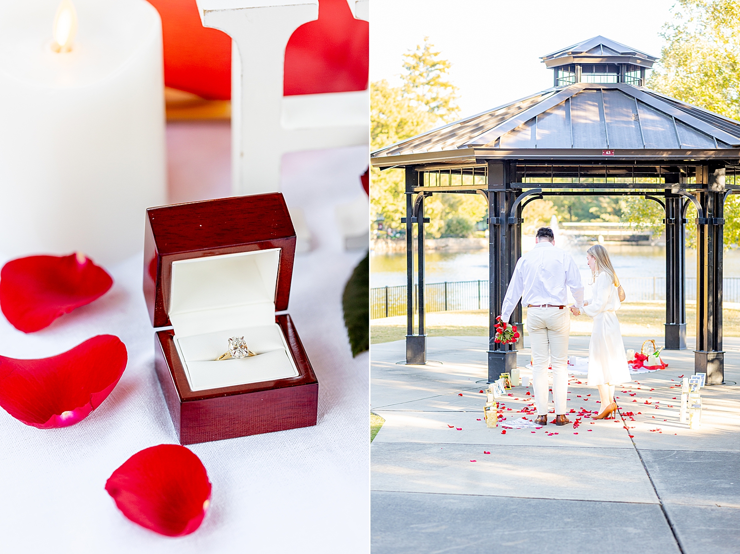 man leads woman to gazebo for surprise proposal 