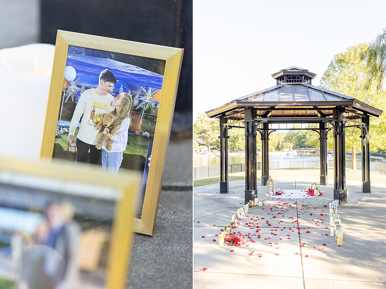 rose petals decorate path to gazebo for surprise proposal 