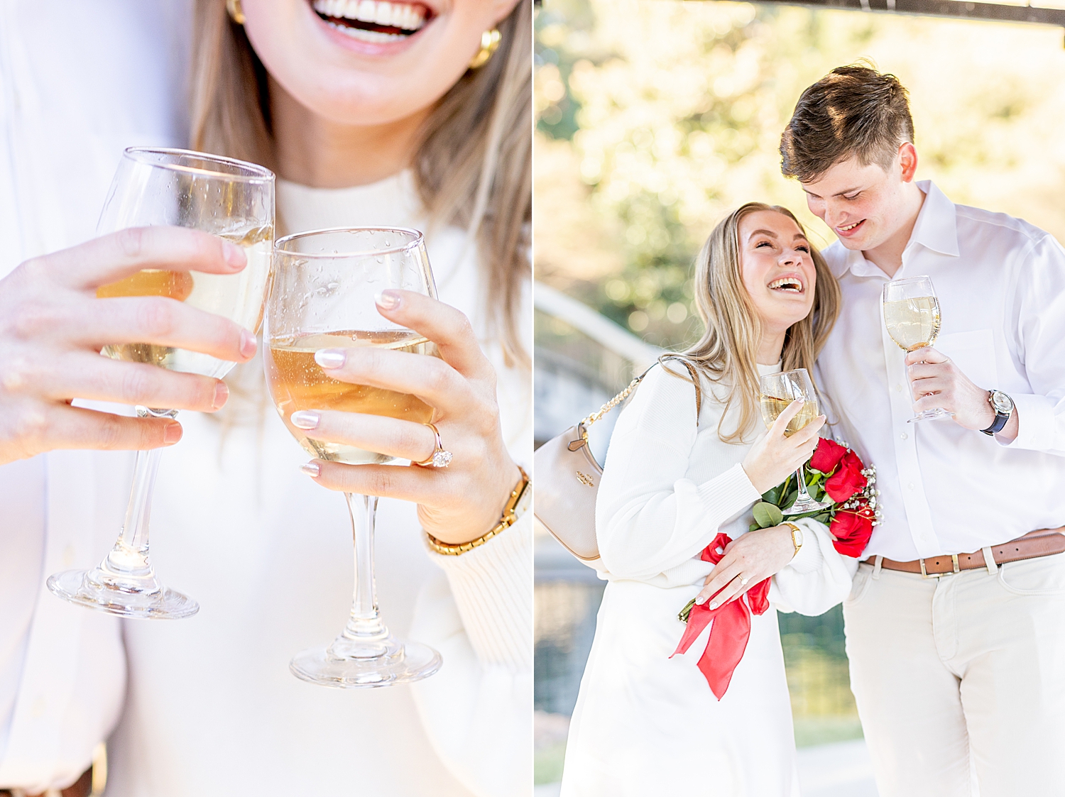 couple celebrate proposal with sparkling grape juice