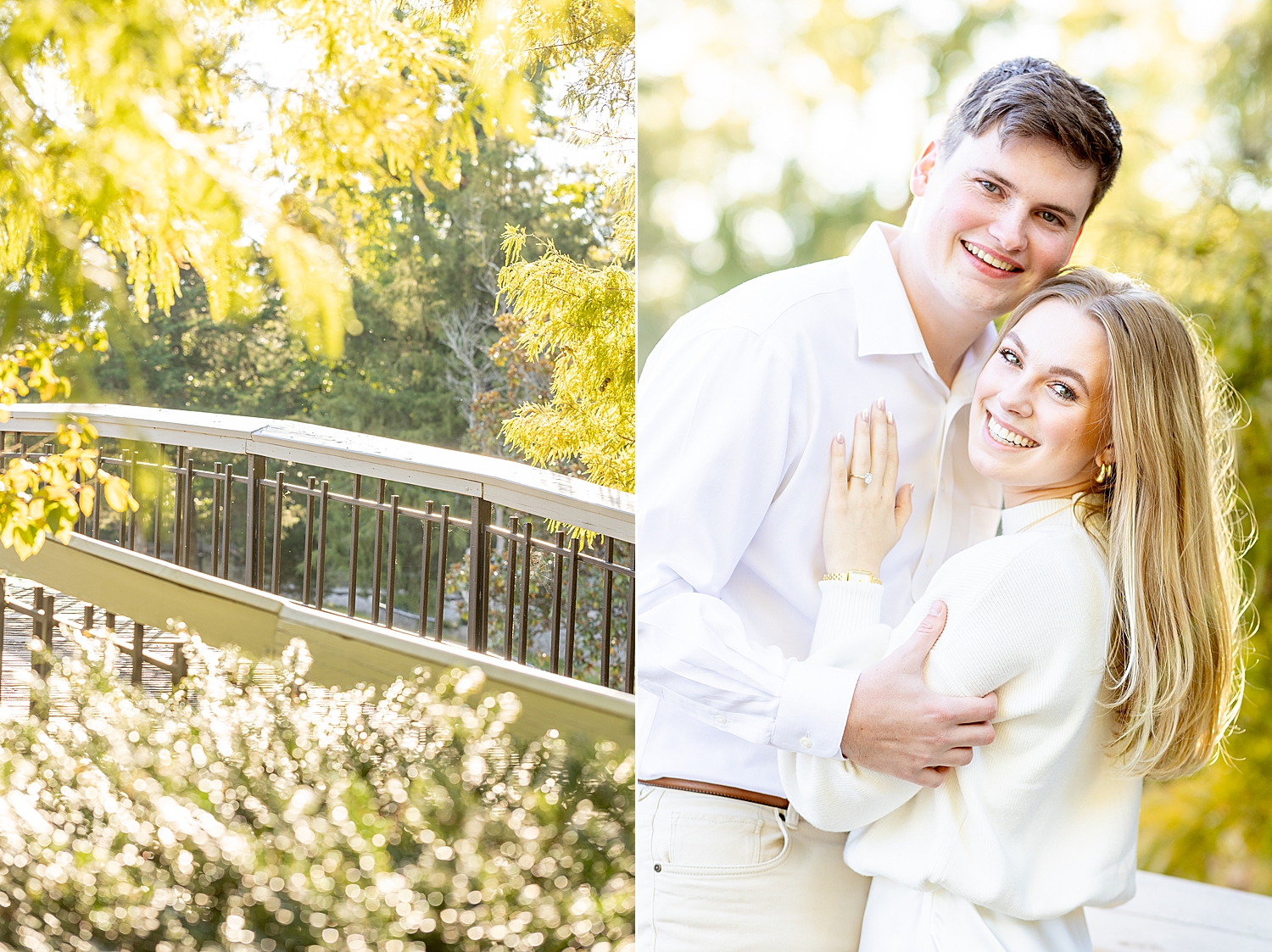 couple walk across idyllic bridge