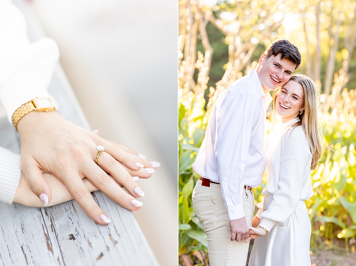 couple hold hands and show off engagement ring