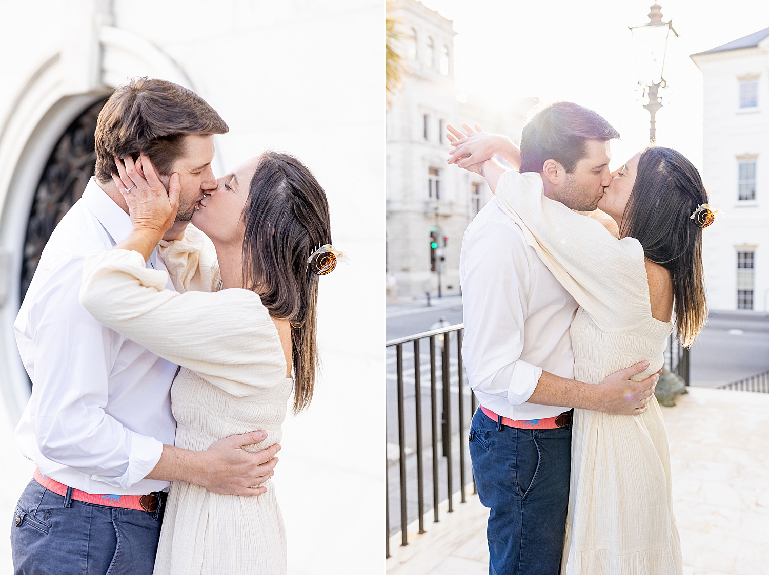 couple kiss at Charleston City Hall