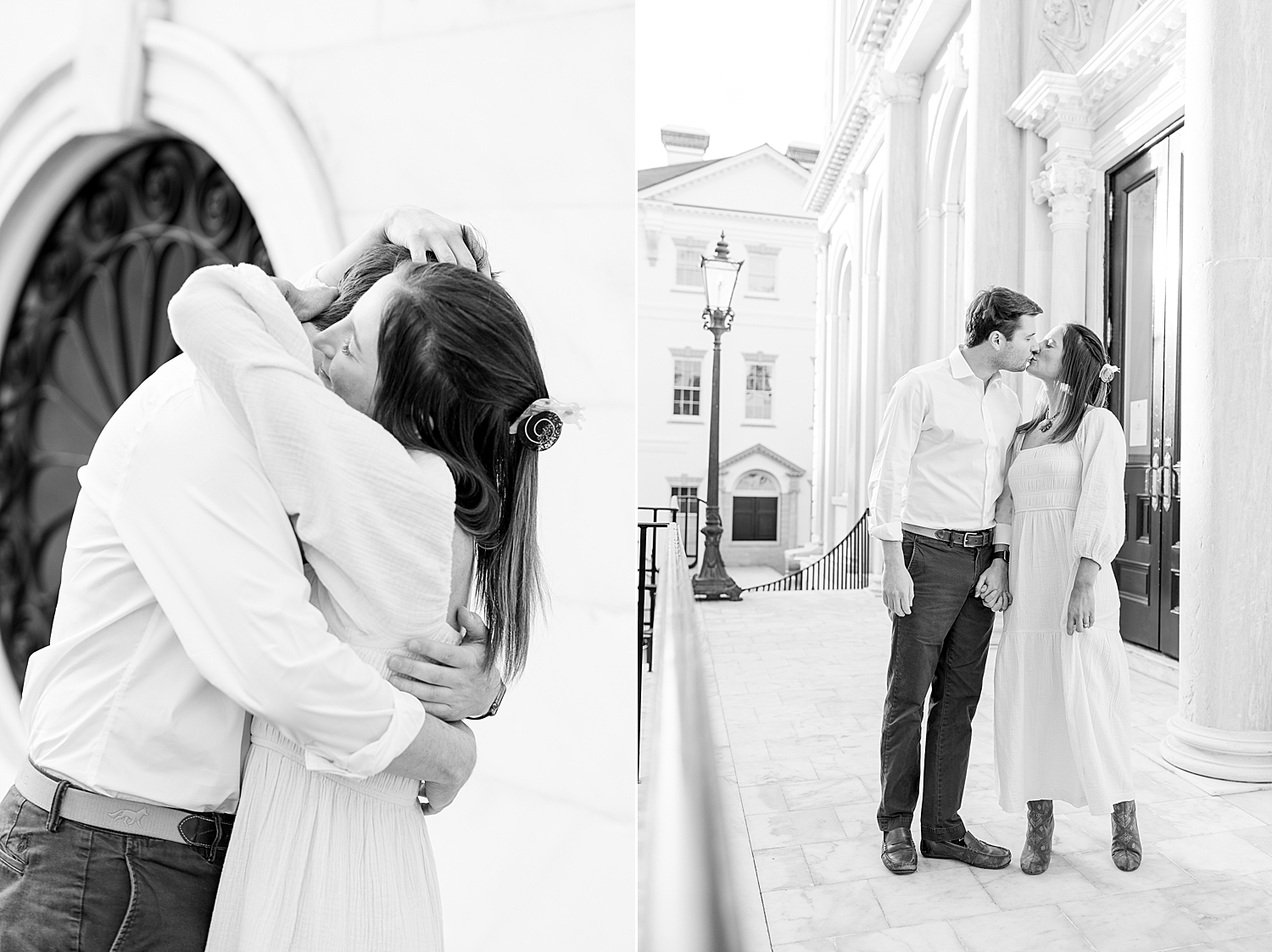 couple kiss during downtown Charleston engagement 