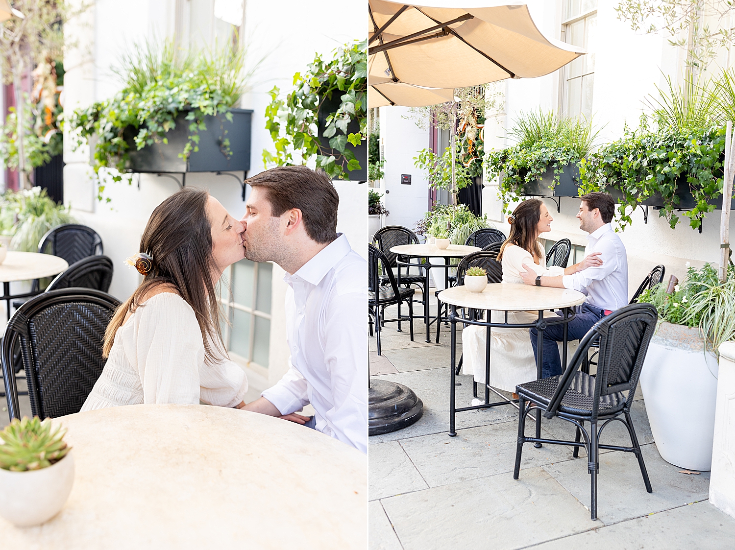 couple kiss while sitting on outdoor patio in downtown Charleston 