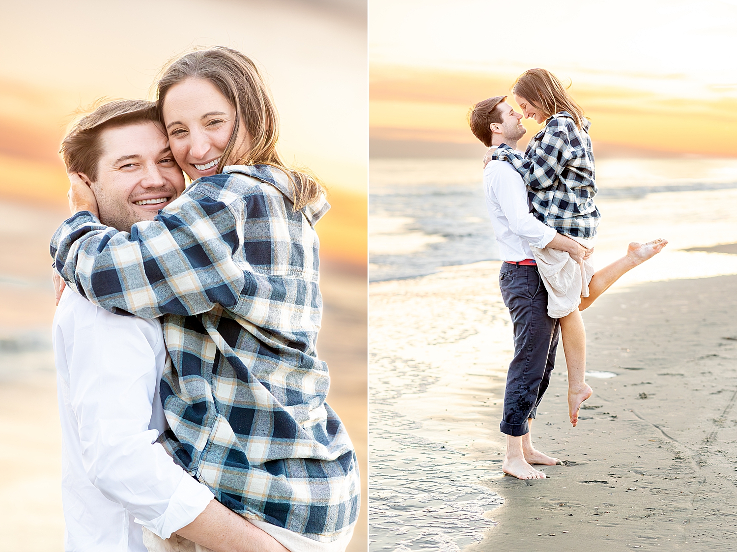 Candid engagement photos at sunset on the beach