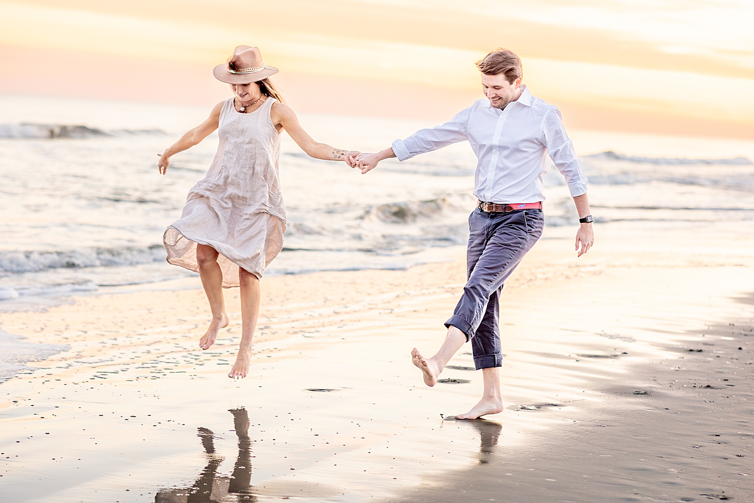 candid engagement photos on Folly Beach