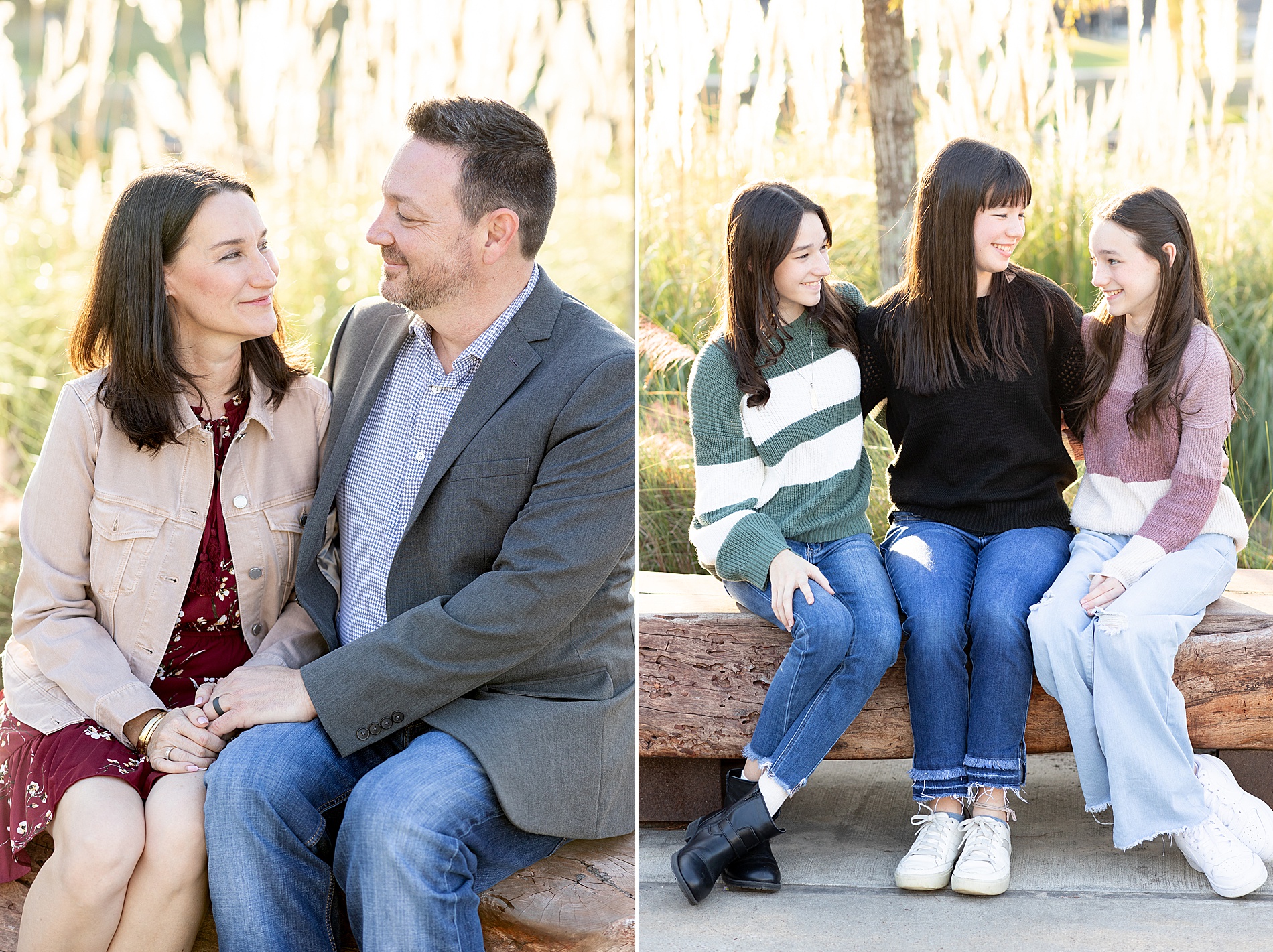 parents and kids sit on bench