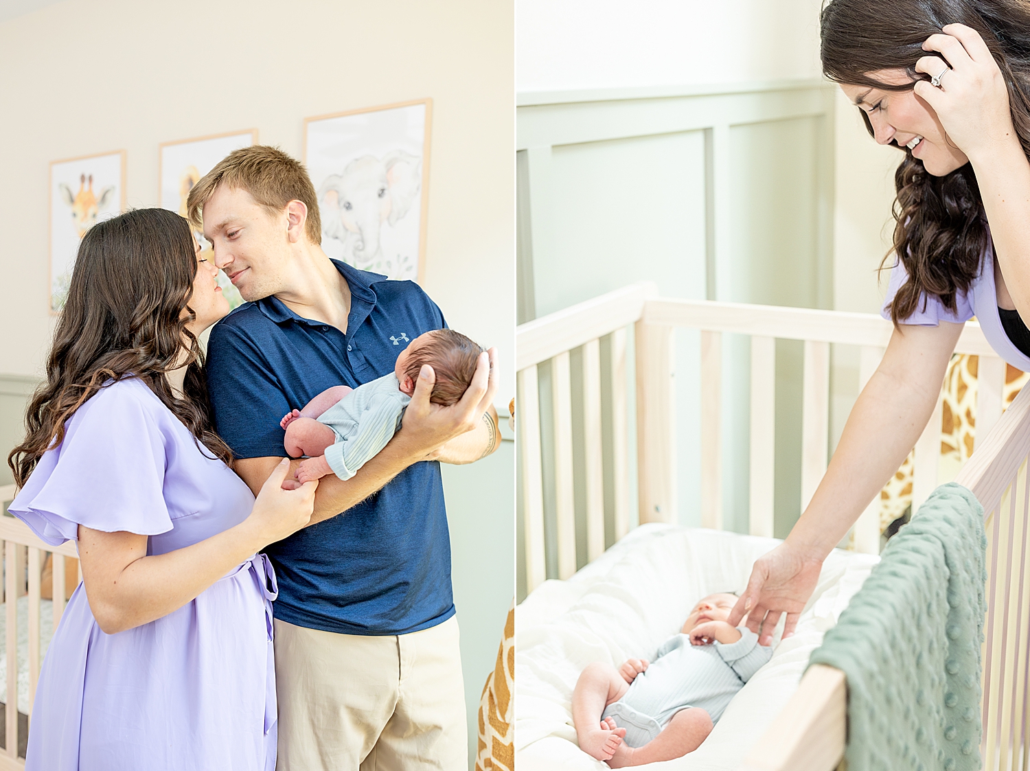 mom lays baby down in crib