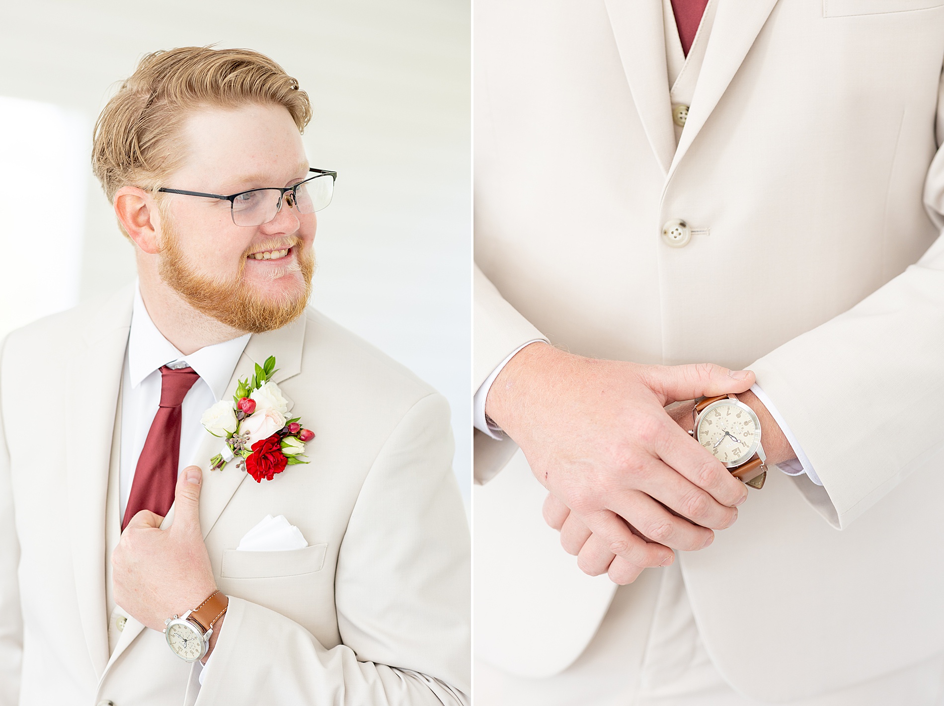 groom in light colored suits and dark red tie