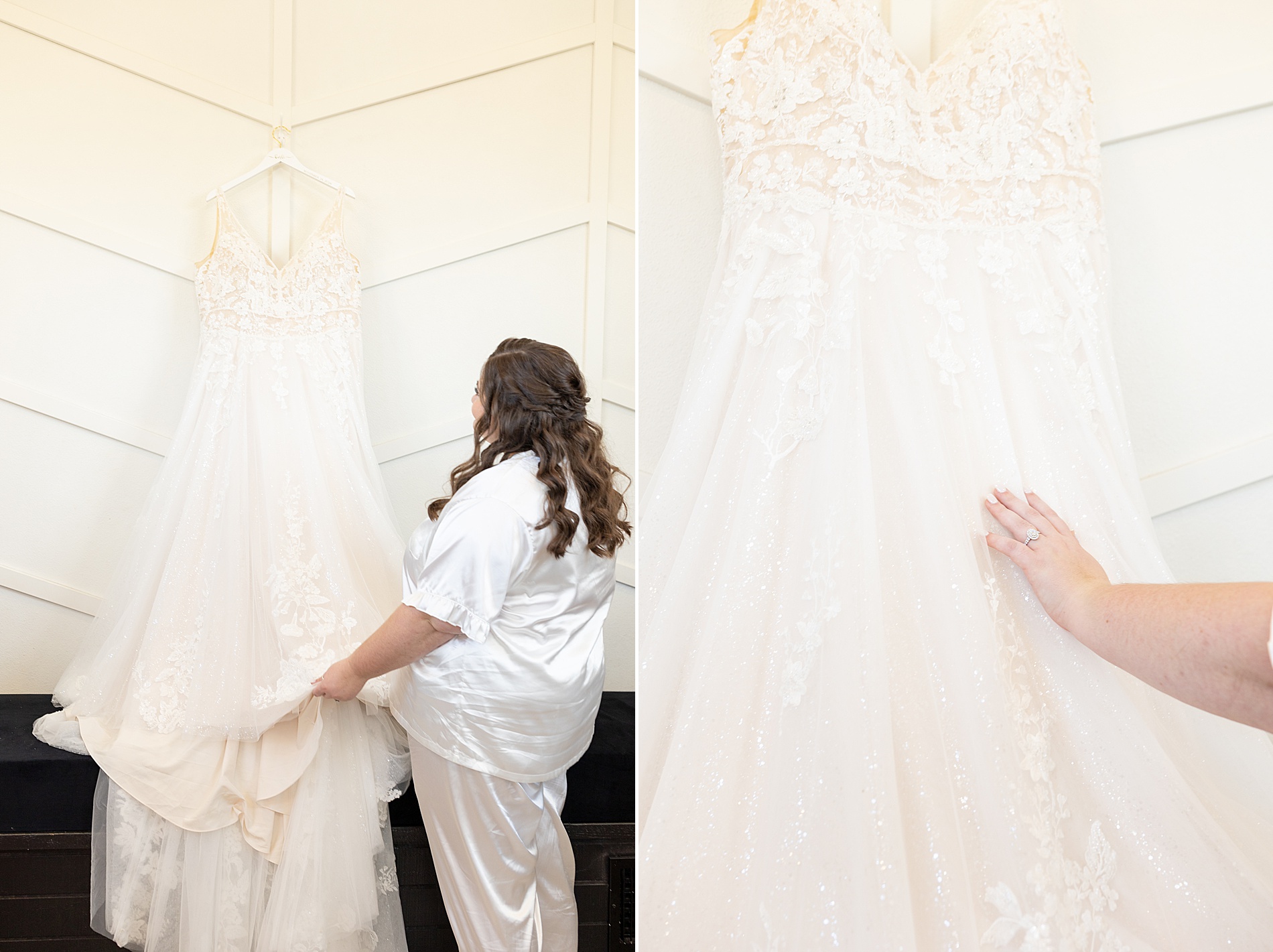 bride admires wedding dress