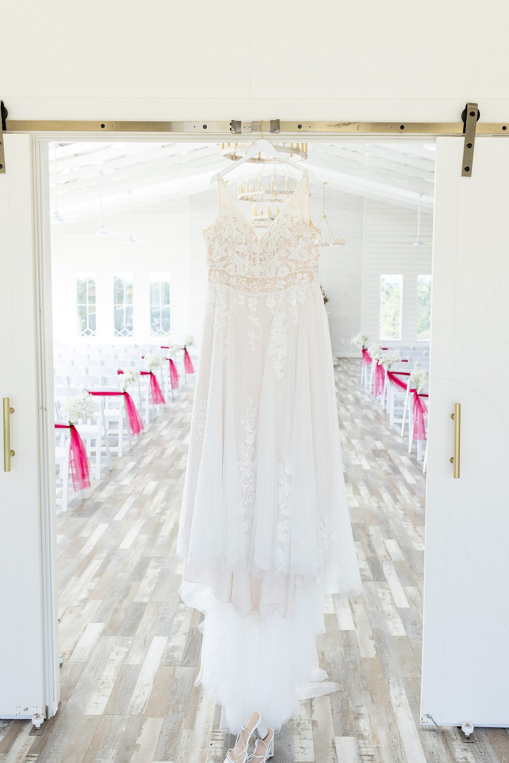 wedding dress hanging up 