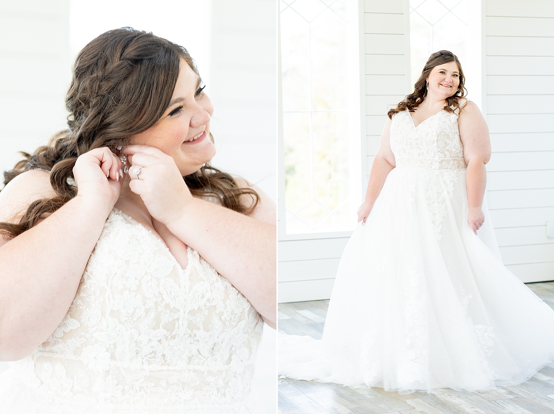 bride putting earrings in and getting ready