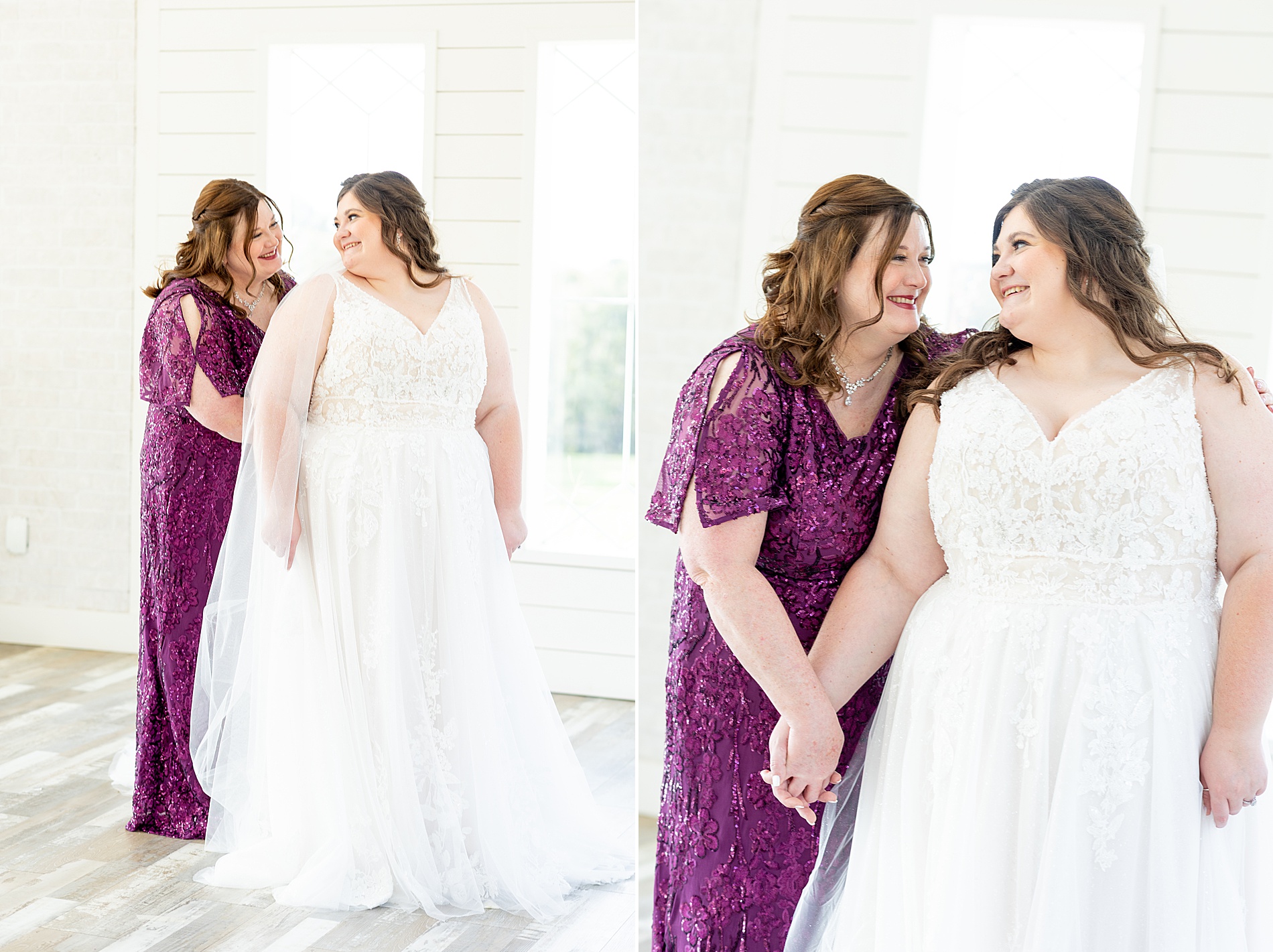 mother helps bride get into wedding dress